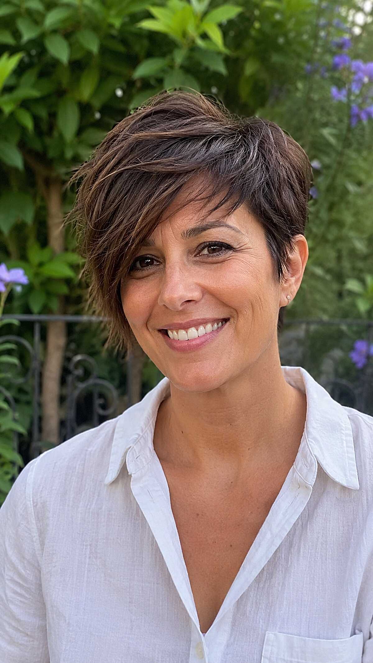 Short brunette pixie with choppy textured layers