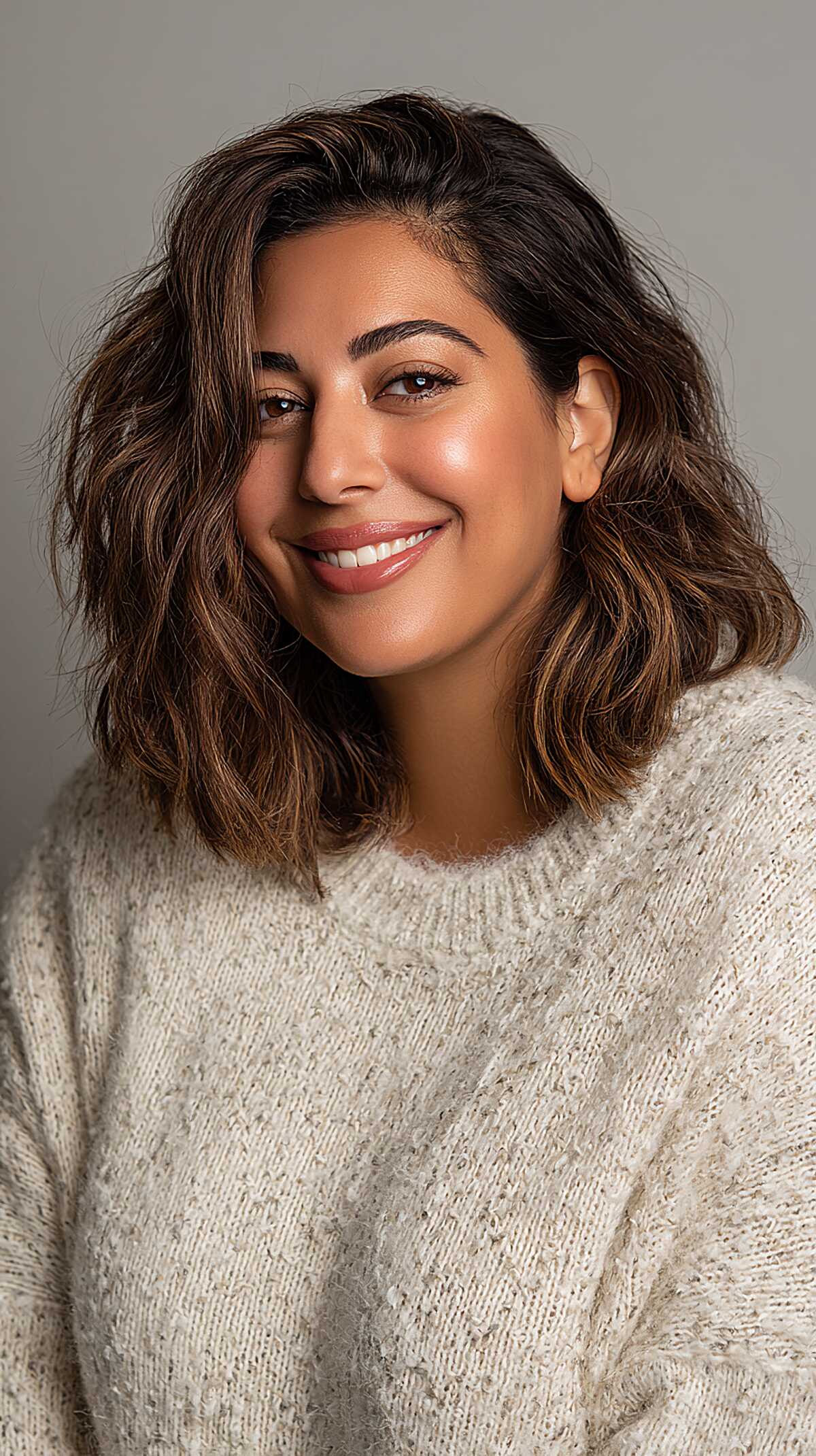 Textured dark brunette long bob with subtle tonal highlights