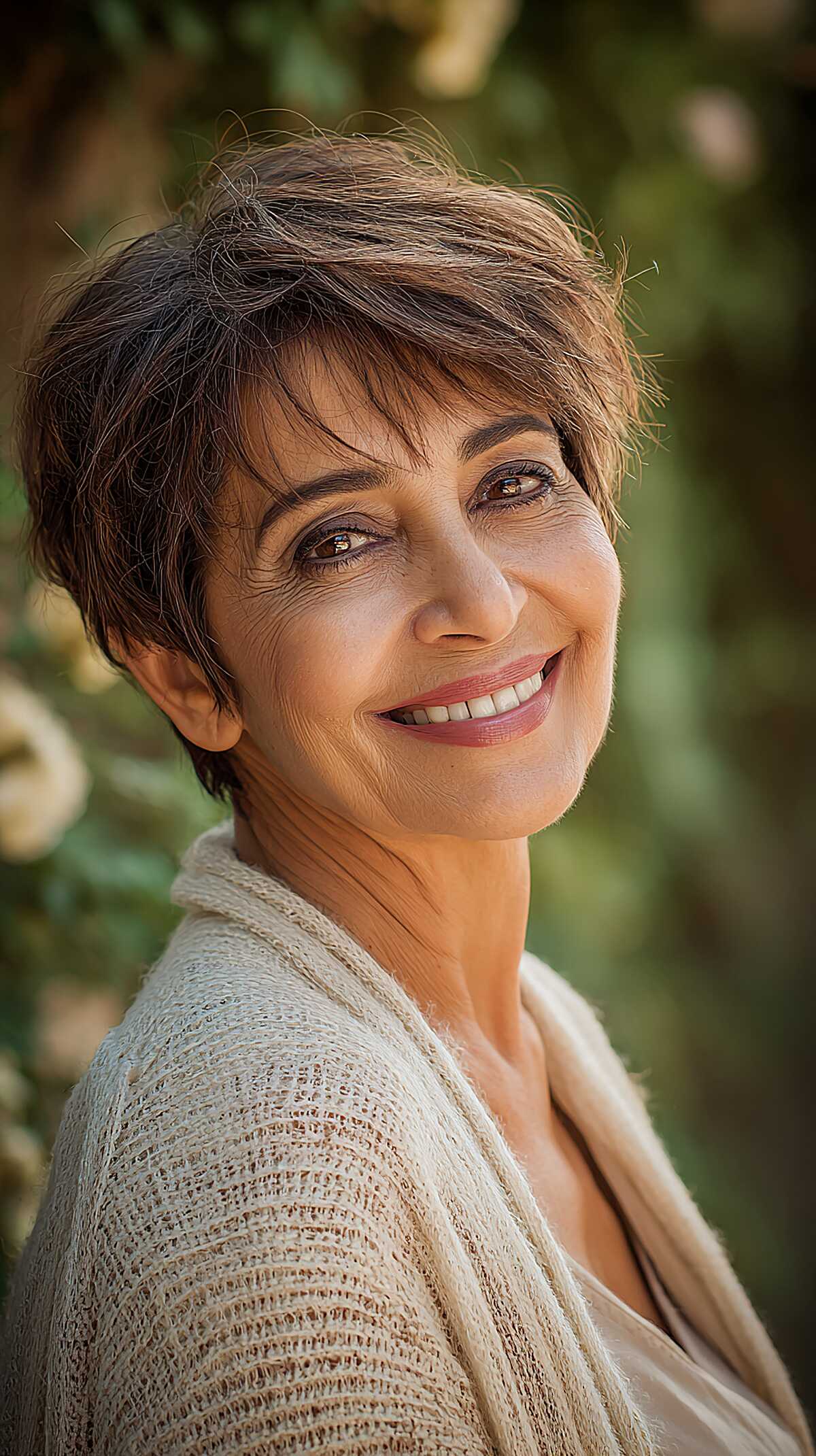 Textured dark brown pixie with choppy crown layers
