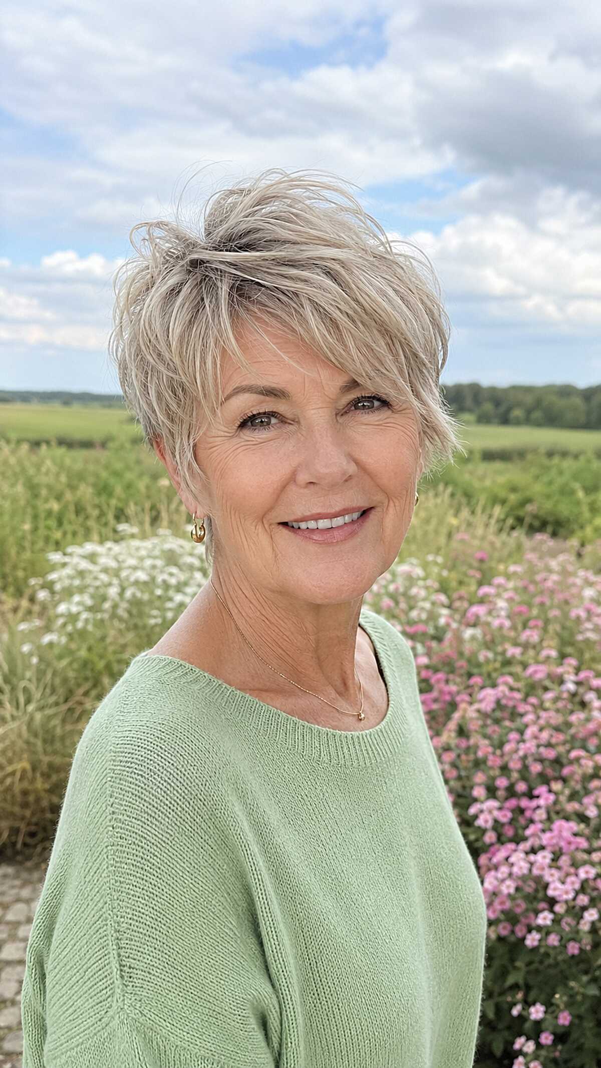 Tousled ash blonde long pixie with dimensional highlights