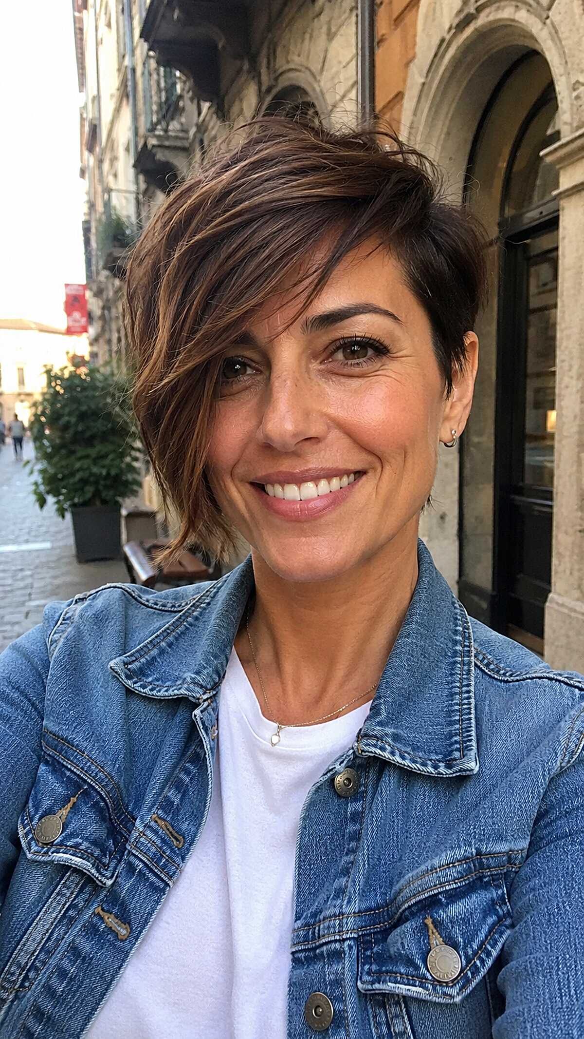 Brunette asymmetrical pixie with long swept bangs