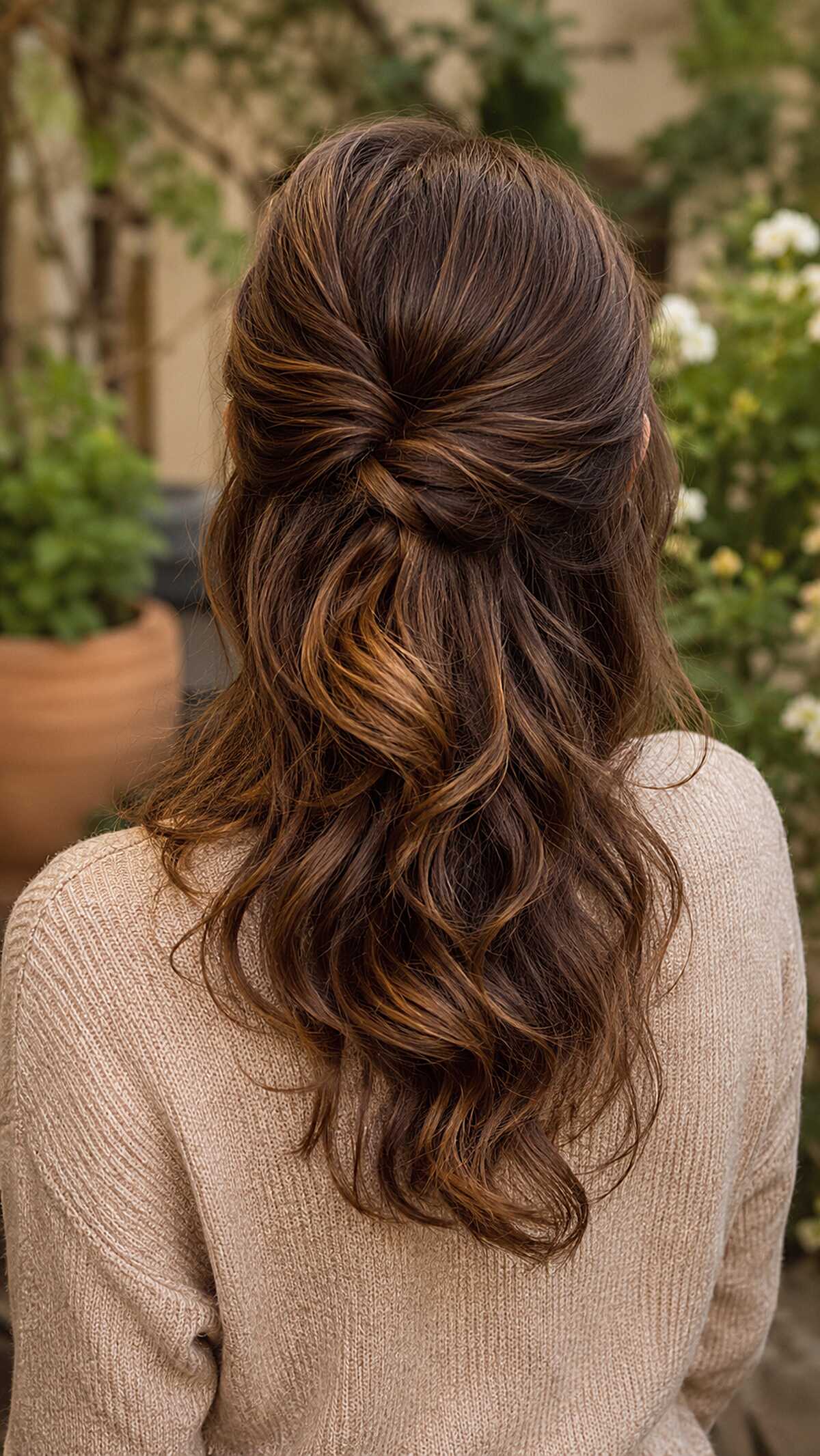 Twisted half up style with caramel highlights on brown hair