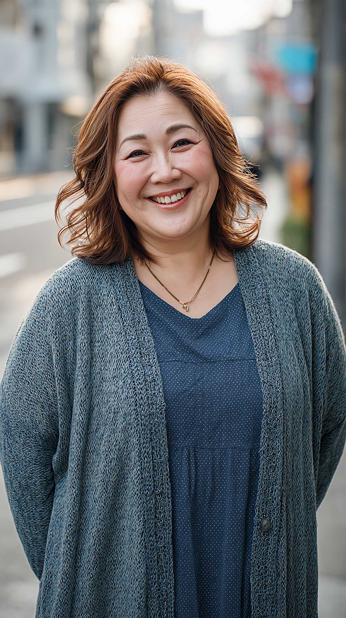 Warm auburn layered long bob with flipped bouncy ends