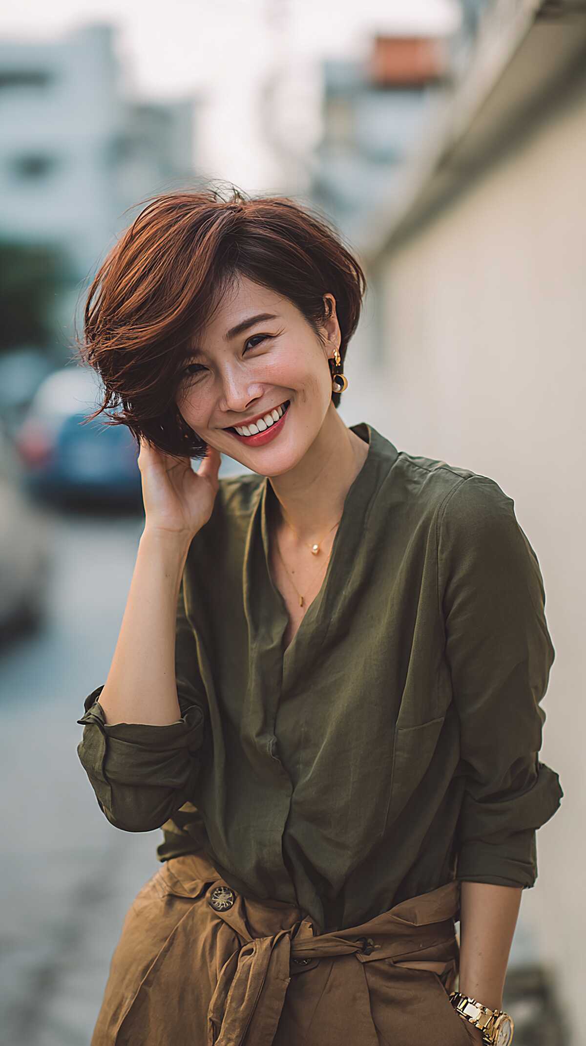 Auburn asymmetrical short bob with flipped-out ends