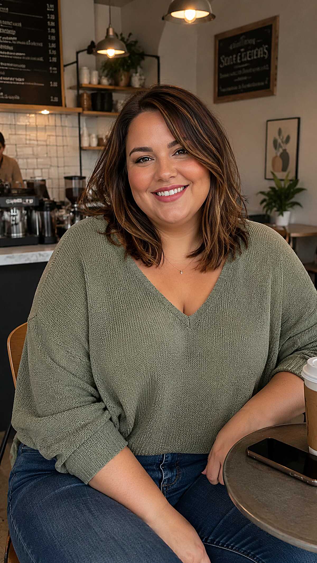 Warm brunette long bob with subtle highlights and tousled wave