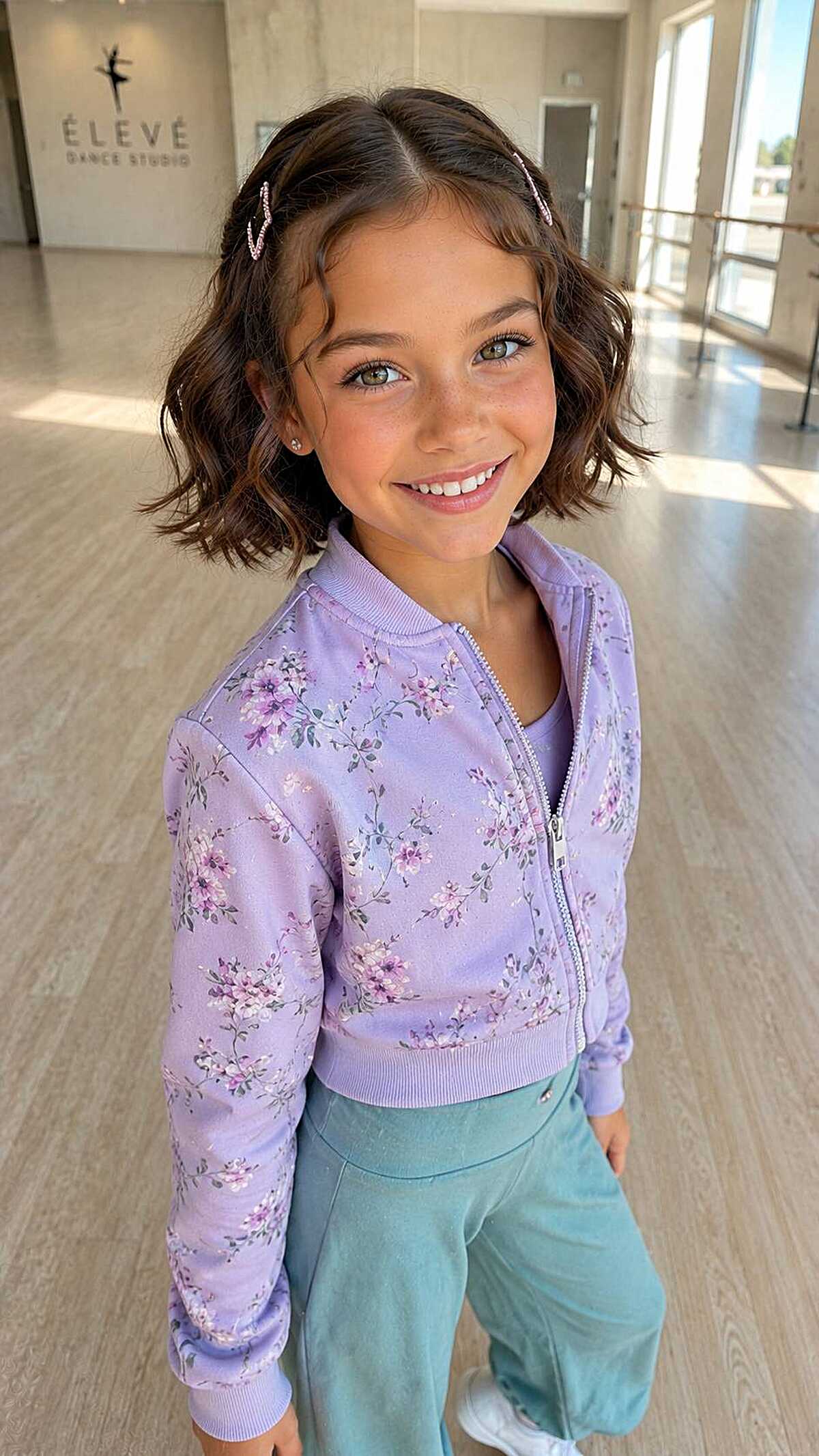 Girl with short wavy bob and decorative sparkle hair clips