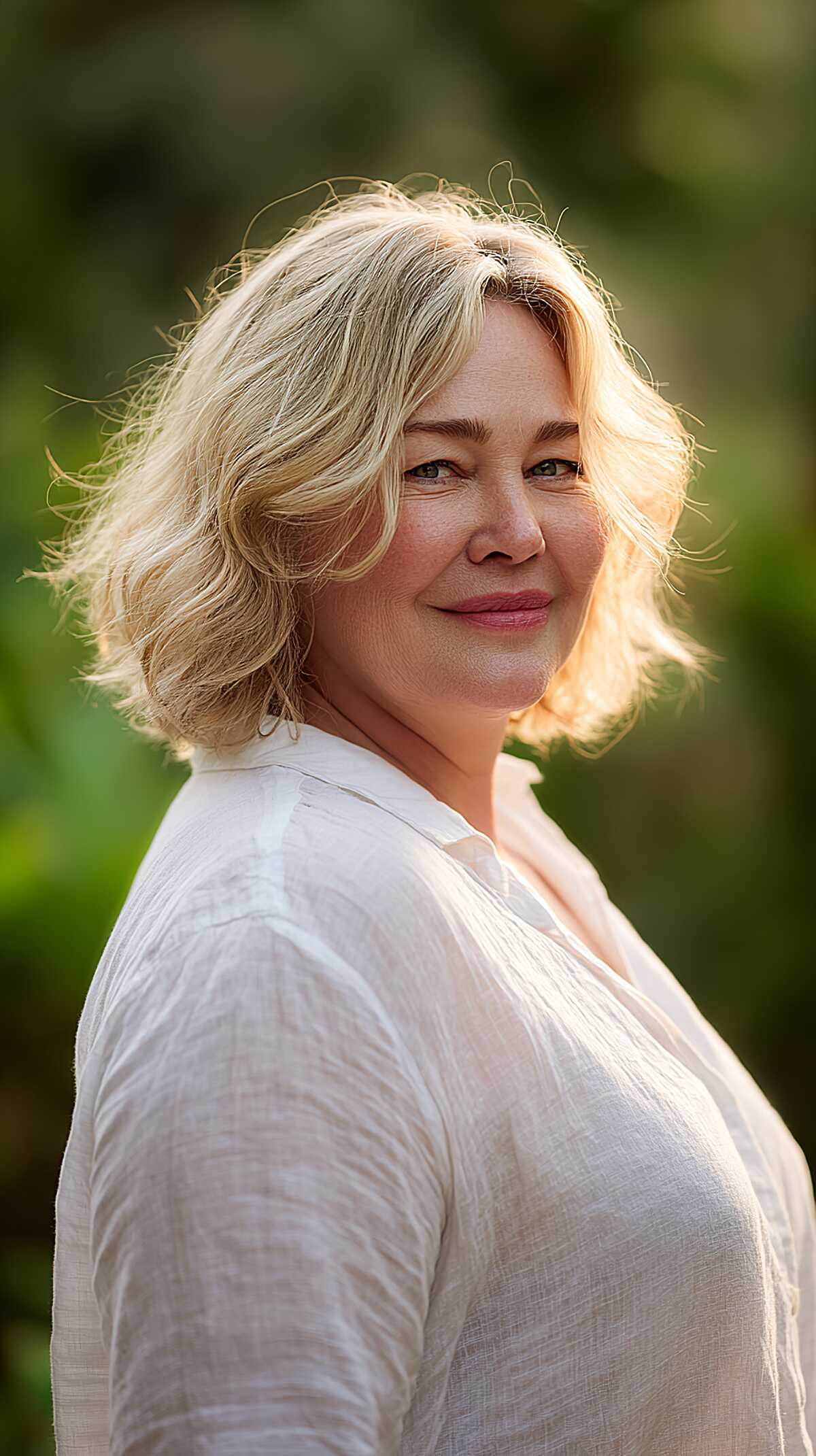 Wavy platinum blonde layered bob in warm golden hour light