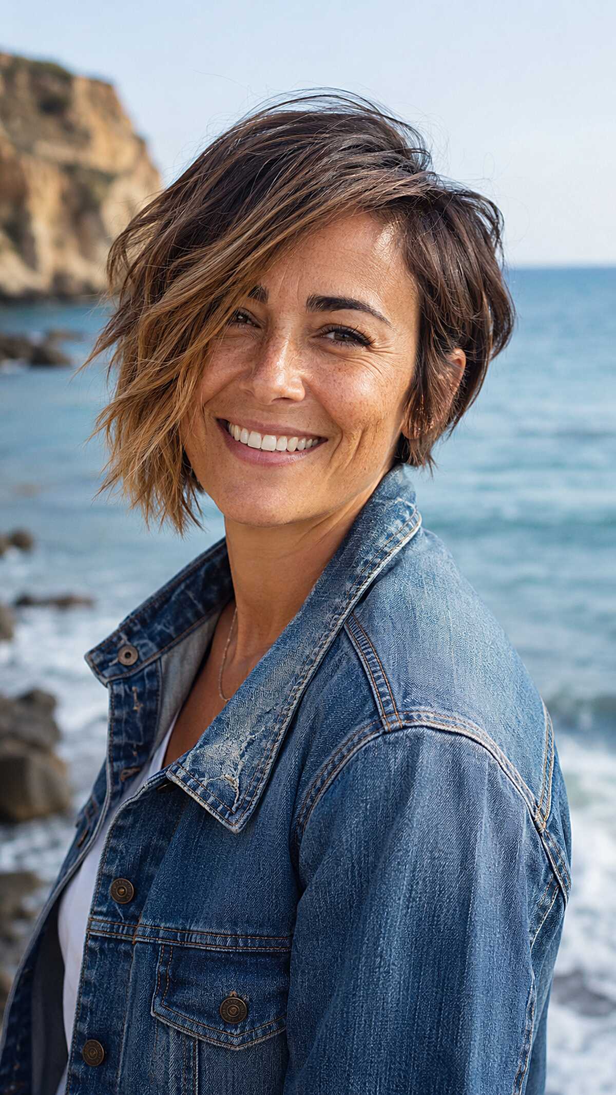 Windswept brunette asymmetrical bob at the beach