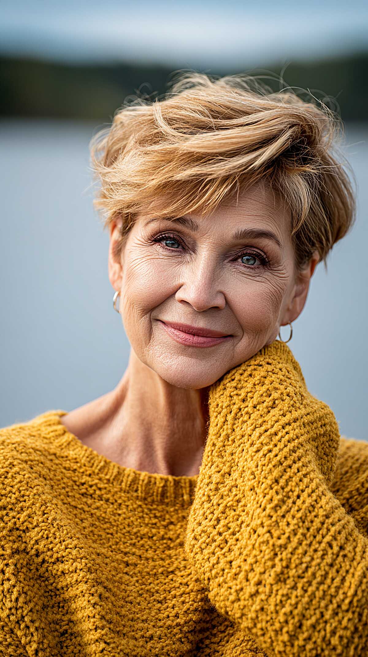 Windswept golden blonde long pixie cut on older woman