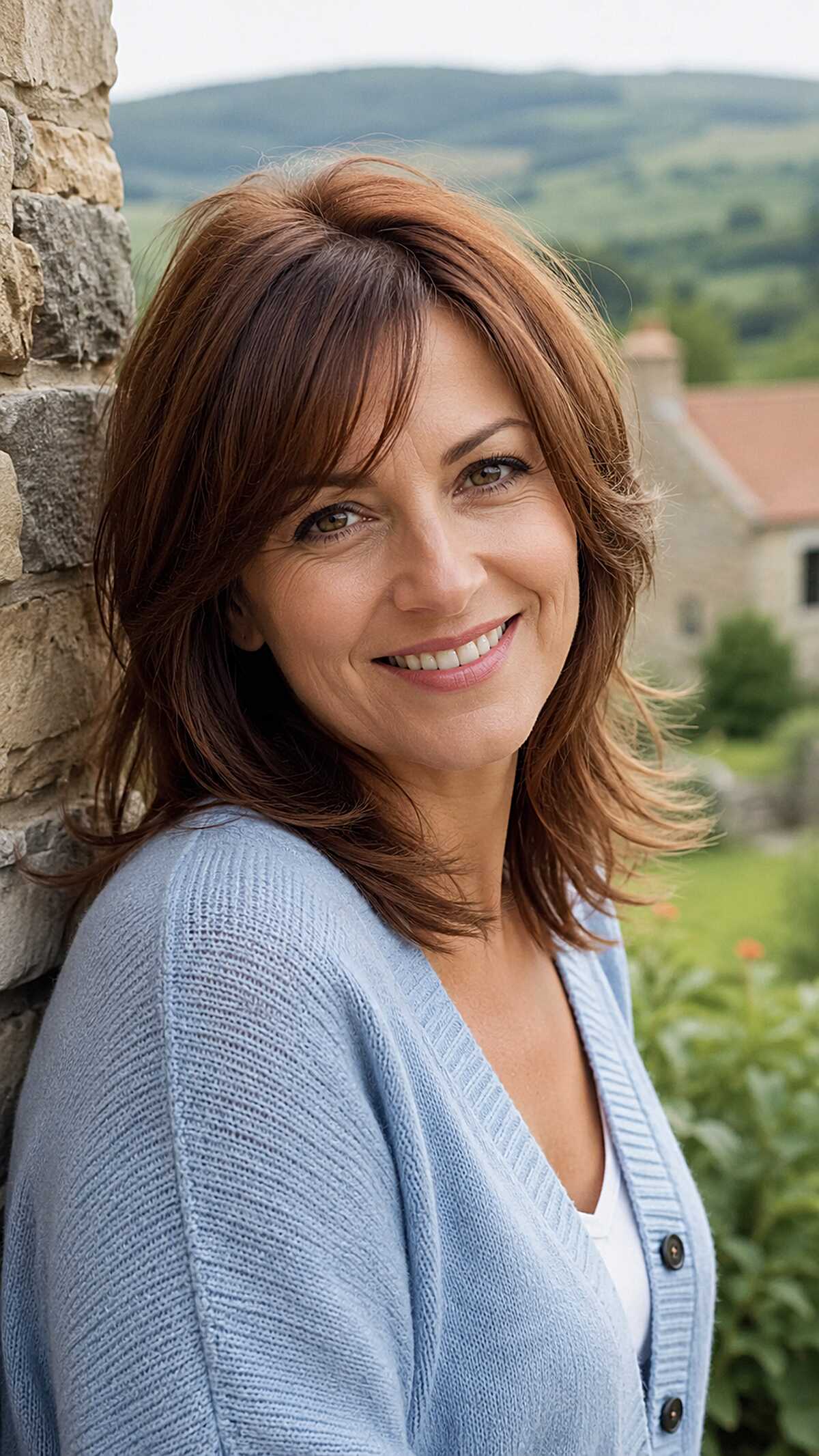 Auburn-Tinted Medium Shag with Choppy Side Bangs