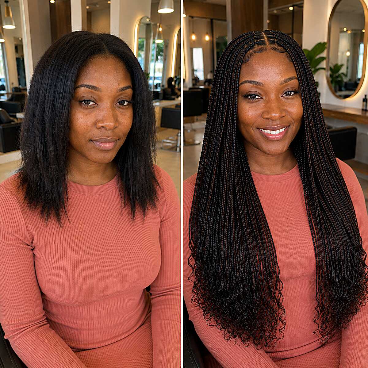 Before and after small knotless braids with curly ends