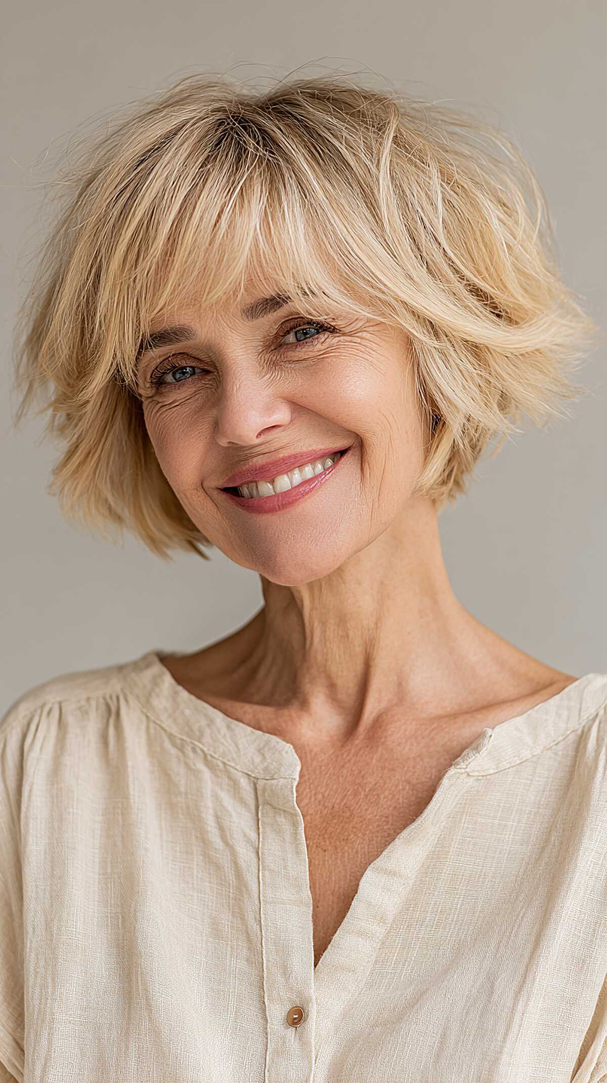 Buttery blonde chin-length shag with bangs over 60