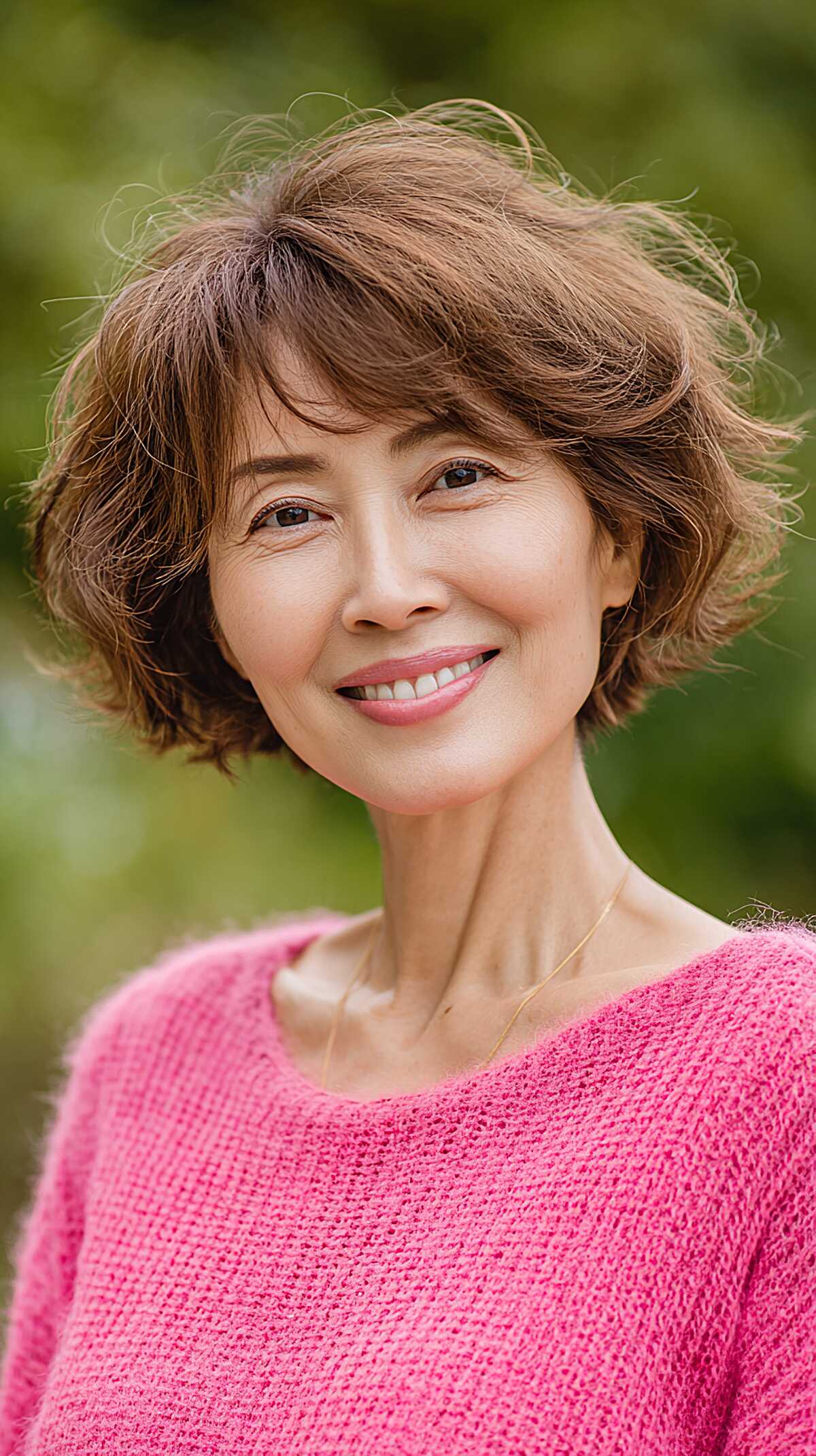 Chestnut brown bob shag with gentle waves over 60