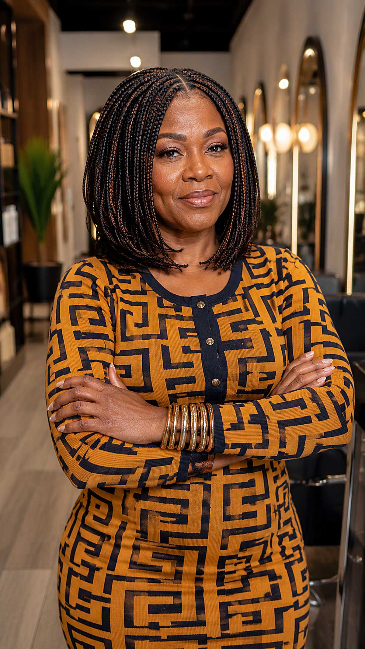 Chin-length knotless braided bob in jet black