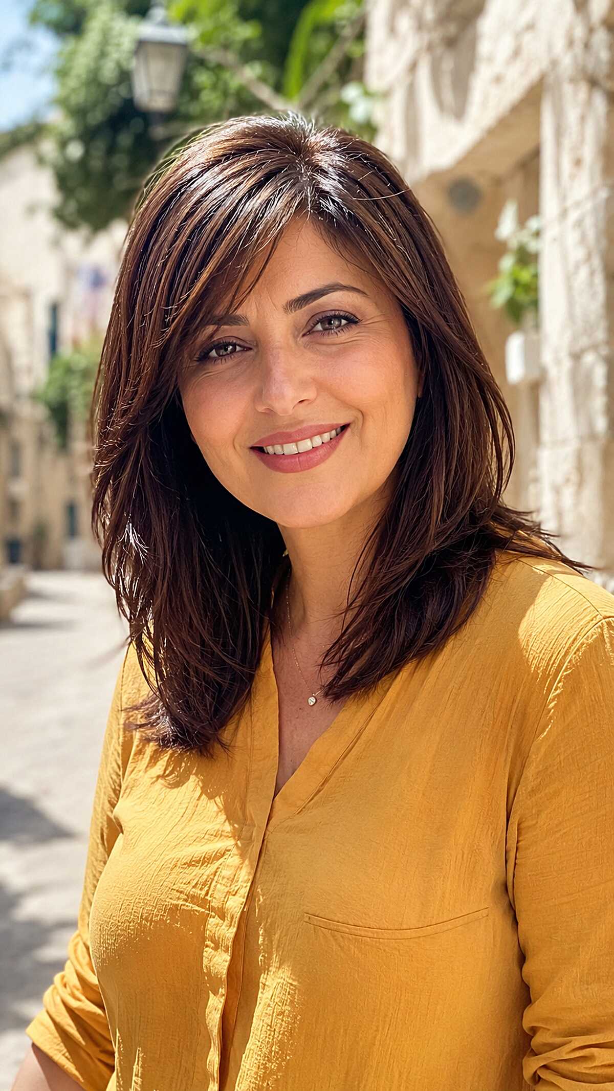 Chocolate Brown Layered Lob with Subtle Side Bangs