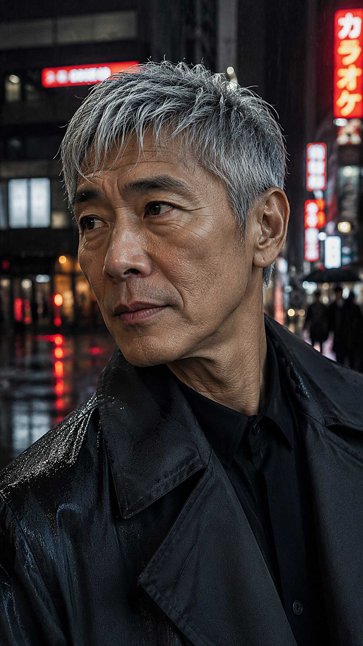 Short choppy grey hair with textured fringe forward