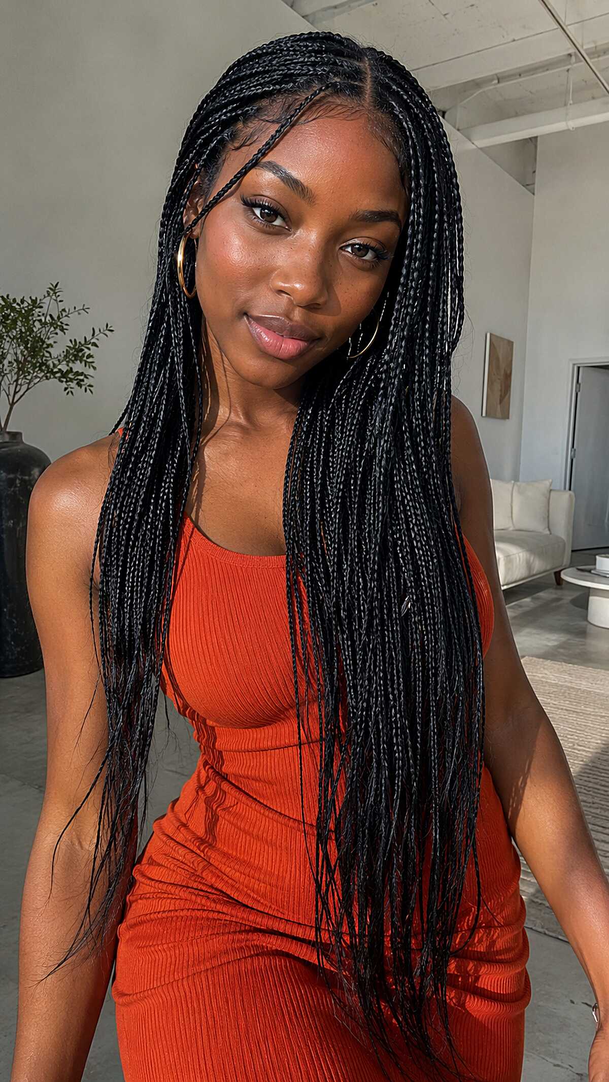 Classic small knotless braids at waist length in black