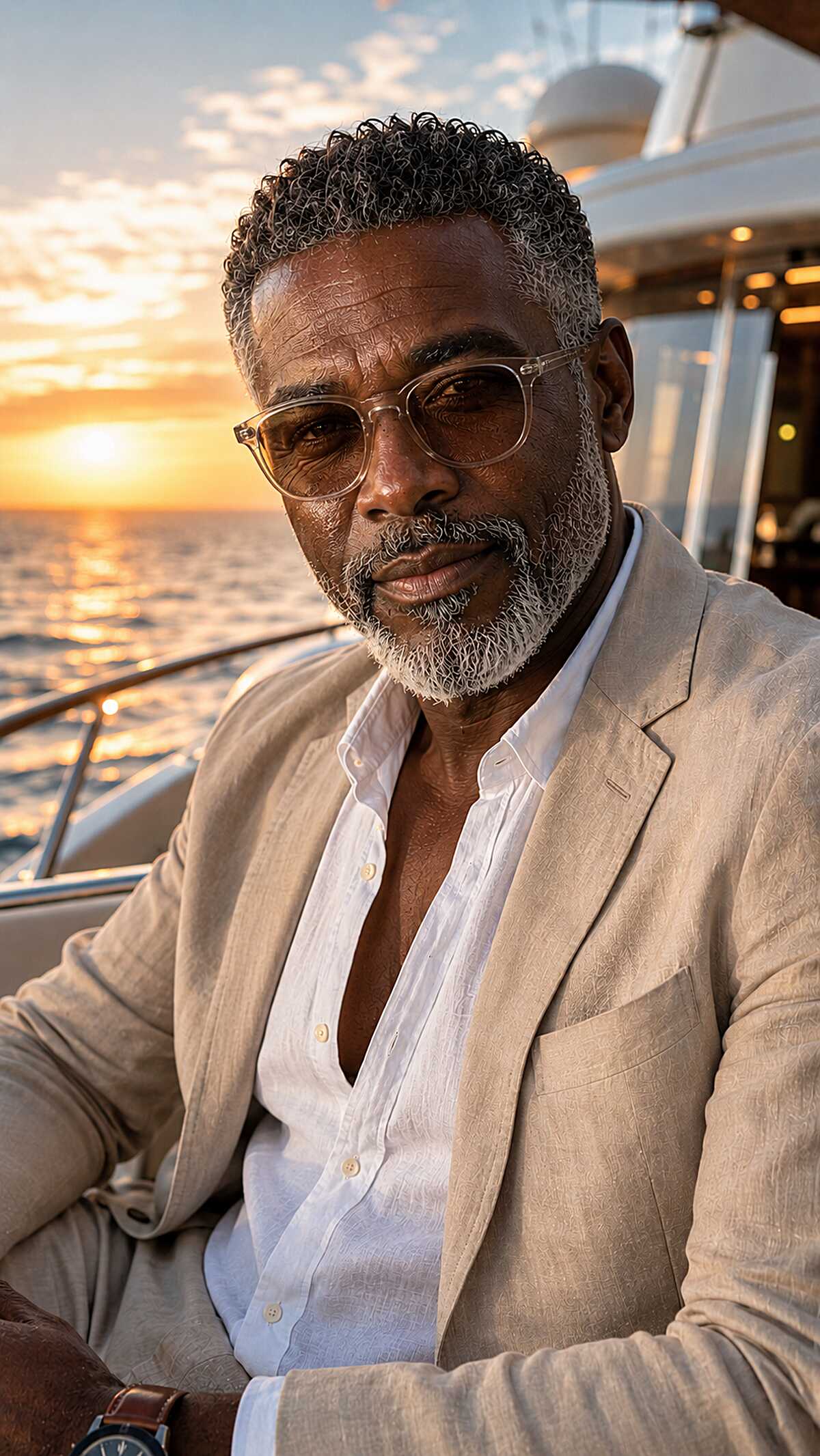 Short grey curly hair with full grey beard