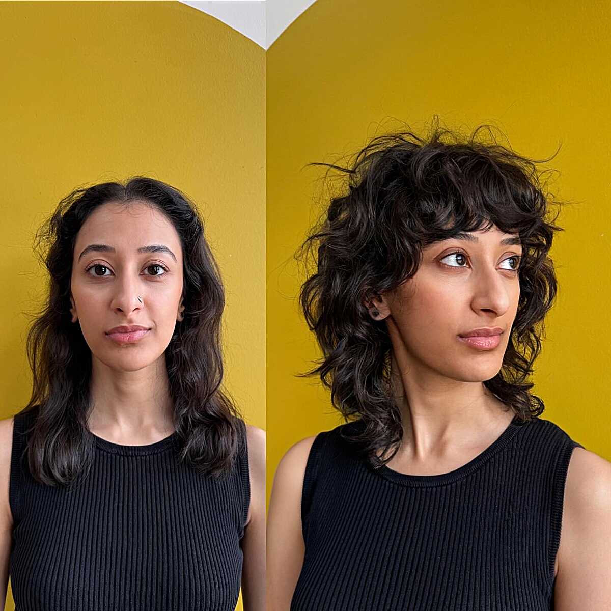 Before and after curly shag with bouncy layered bangs