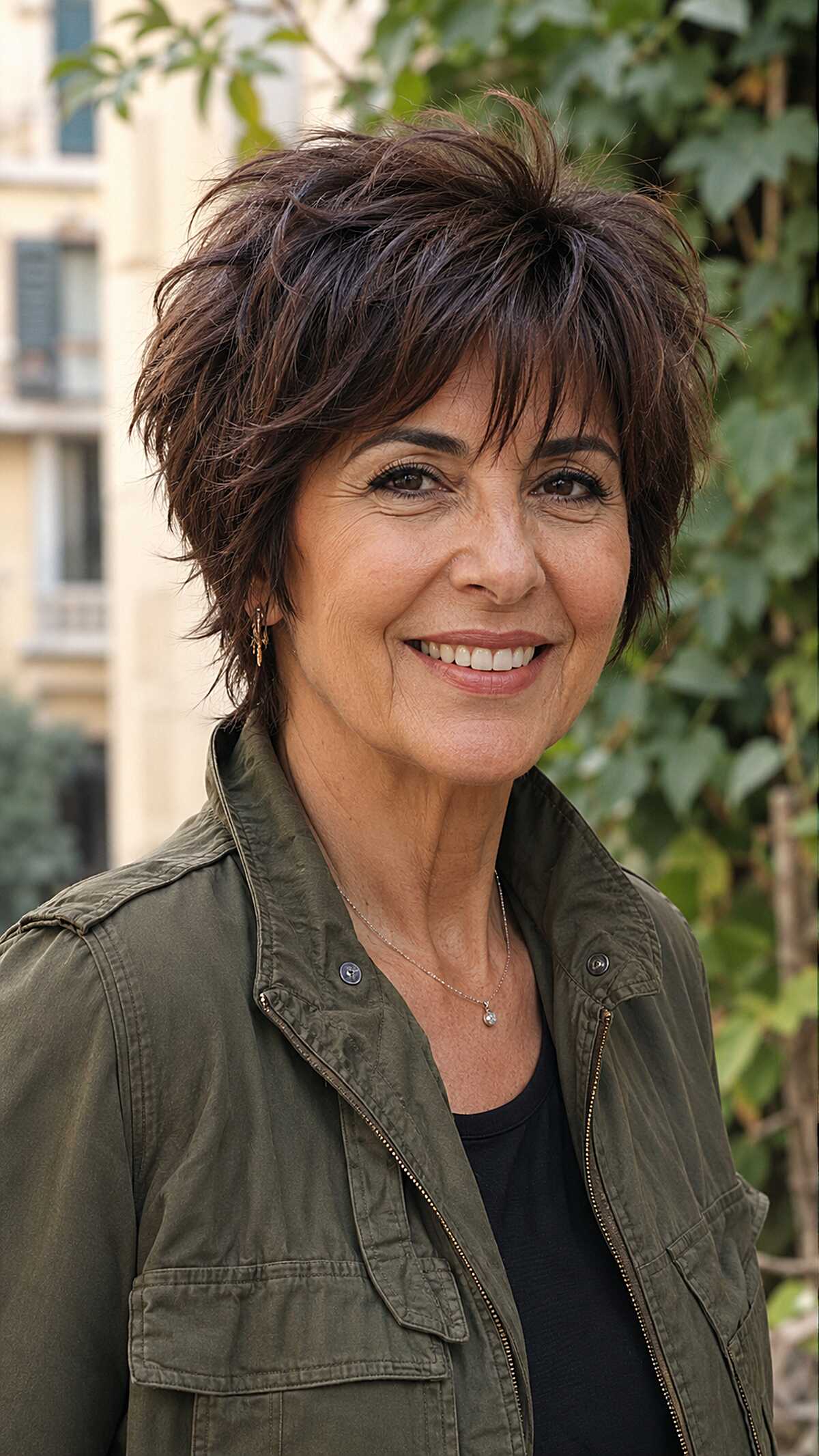 Dark espresso shaggy pixie with razored ends over 60