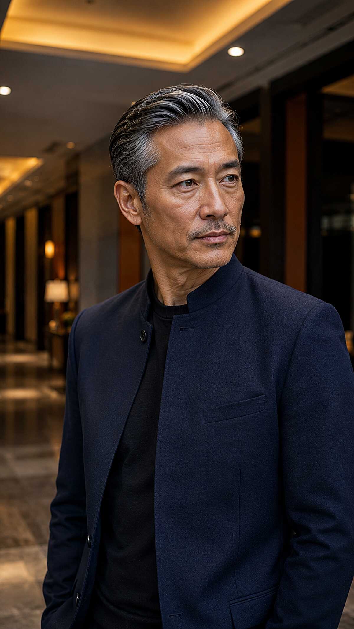 Dark grey slicked-back hair with a tapered cut