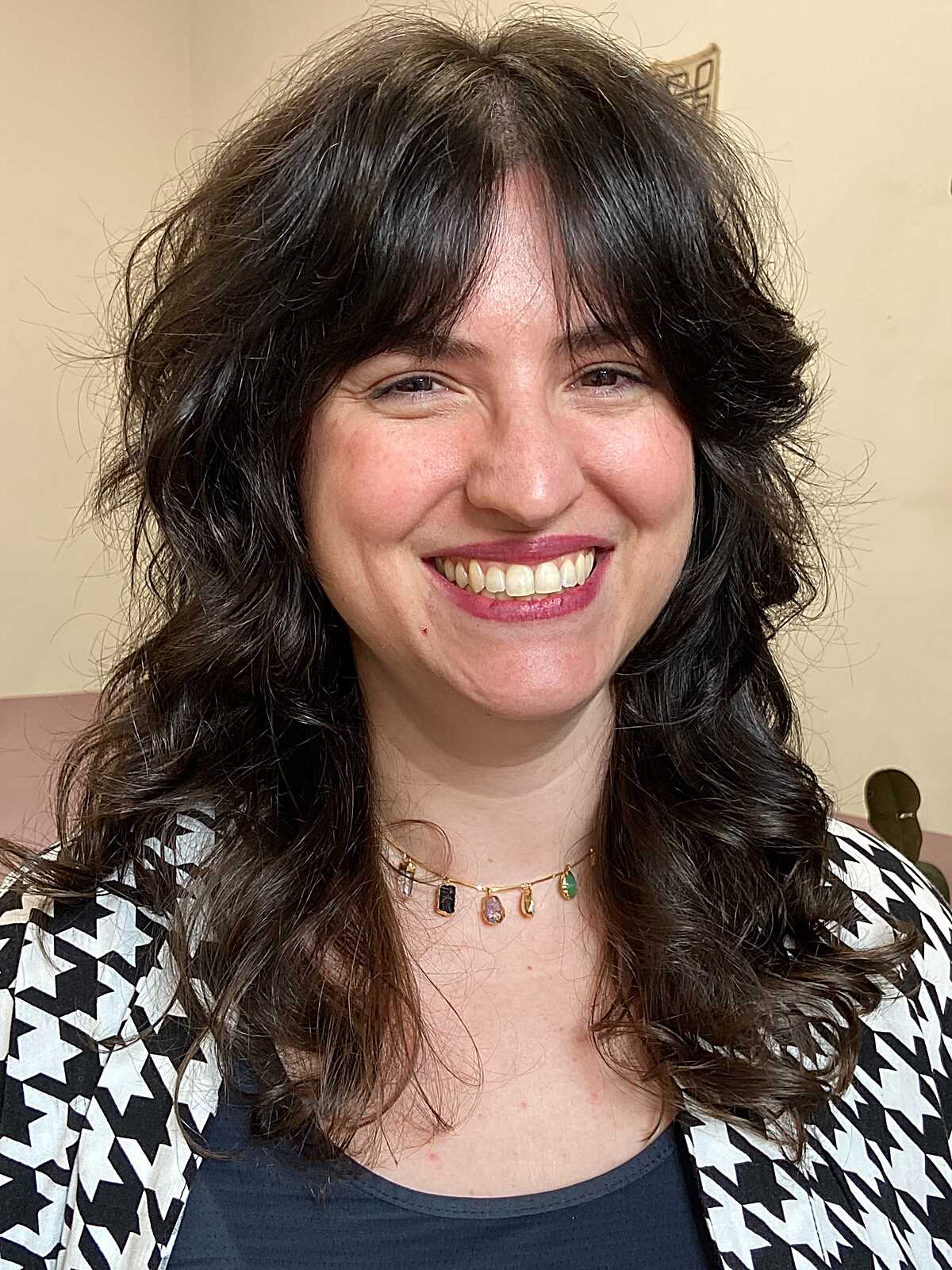 Dark brown wavy medium shag with full curtain bangs