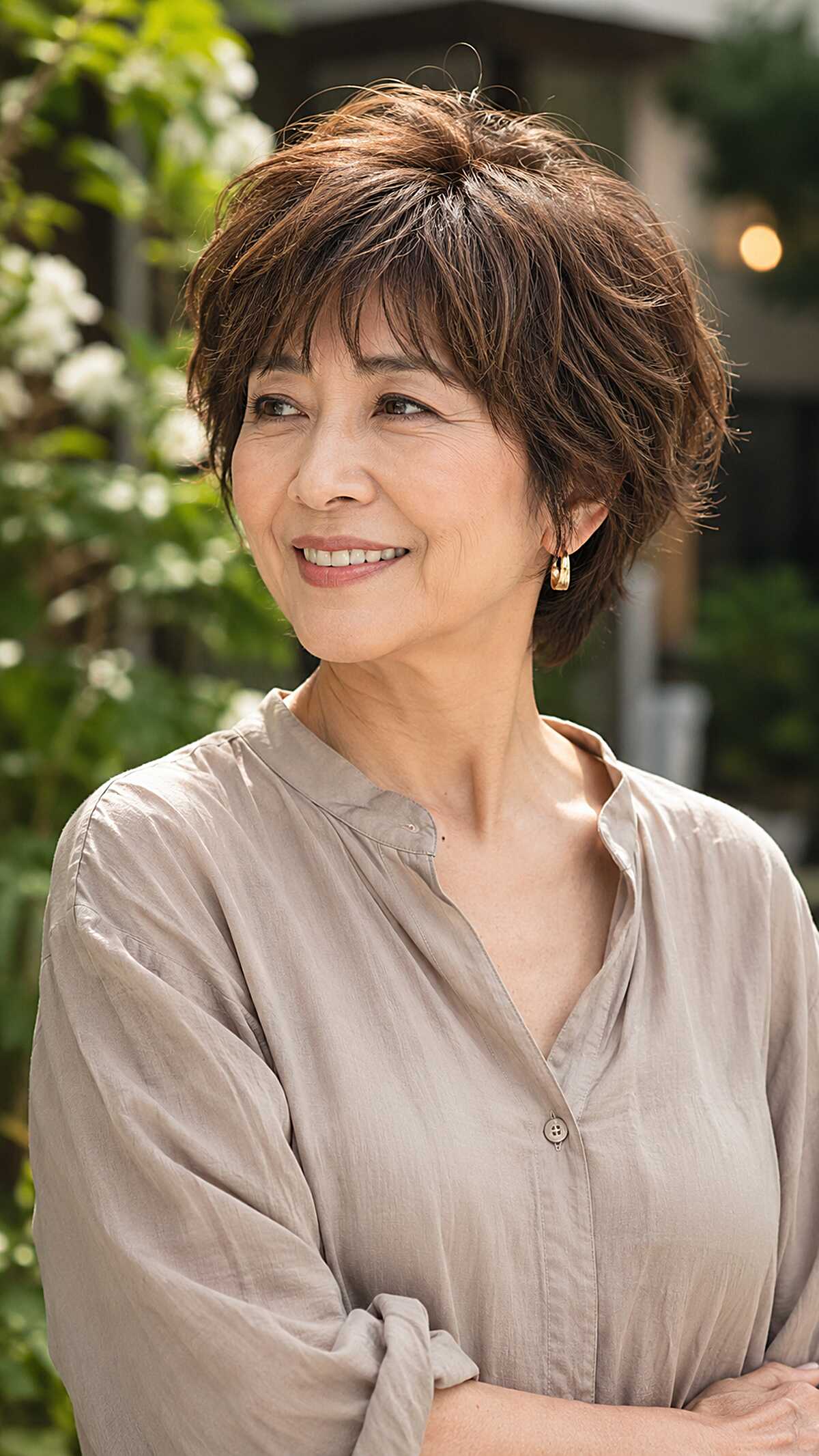 Feathered layered bob shag in chestnut brown over 60