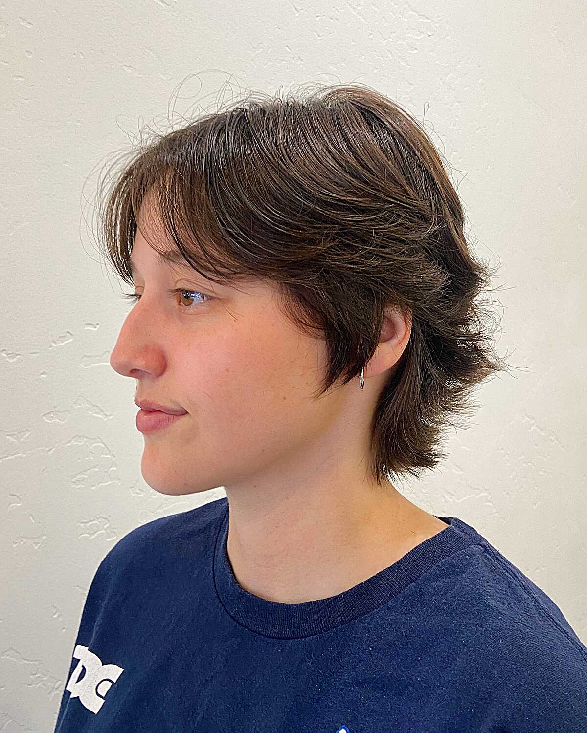 Brown feathered shag with side-swept layers at chin length