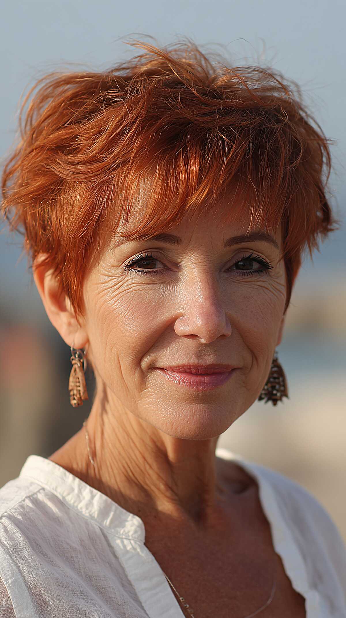 Fiery copper piecey pixie shag on a woman in her 60s