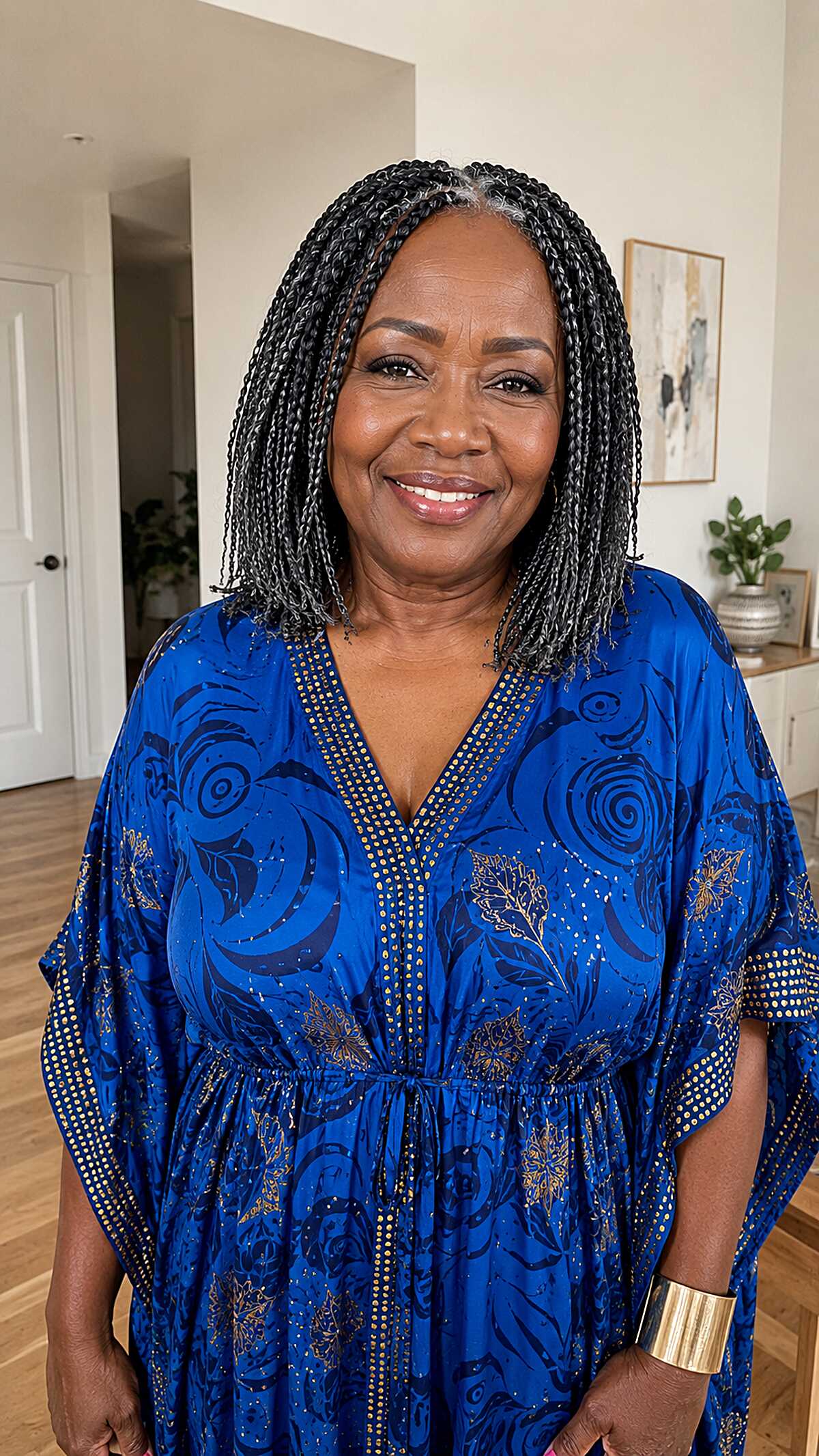 Short grey-blended knotless braids at chin length