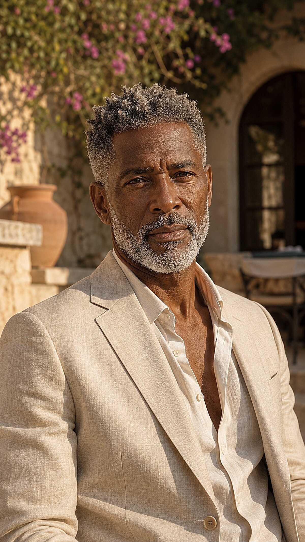 Short grey curly hair with a full grey beard
