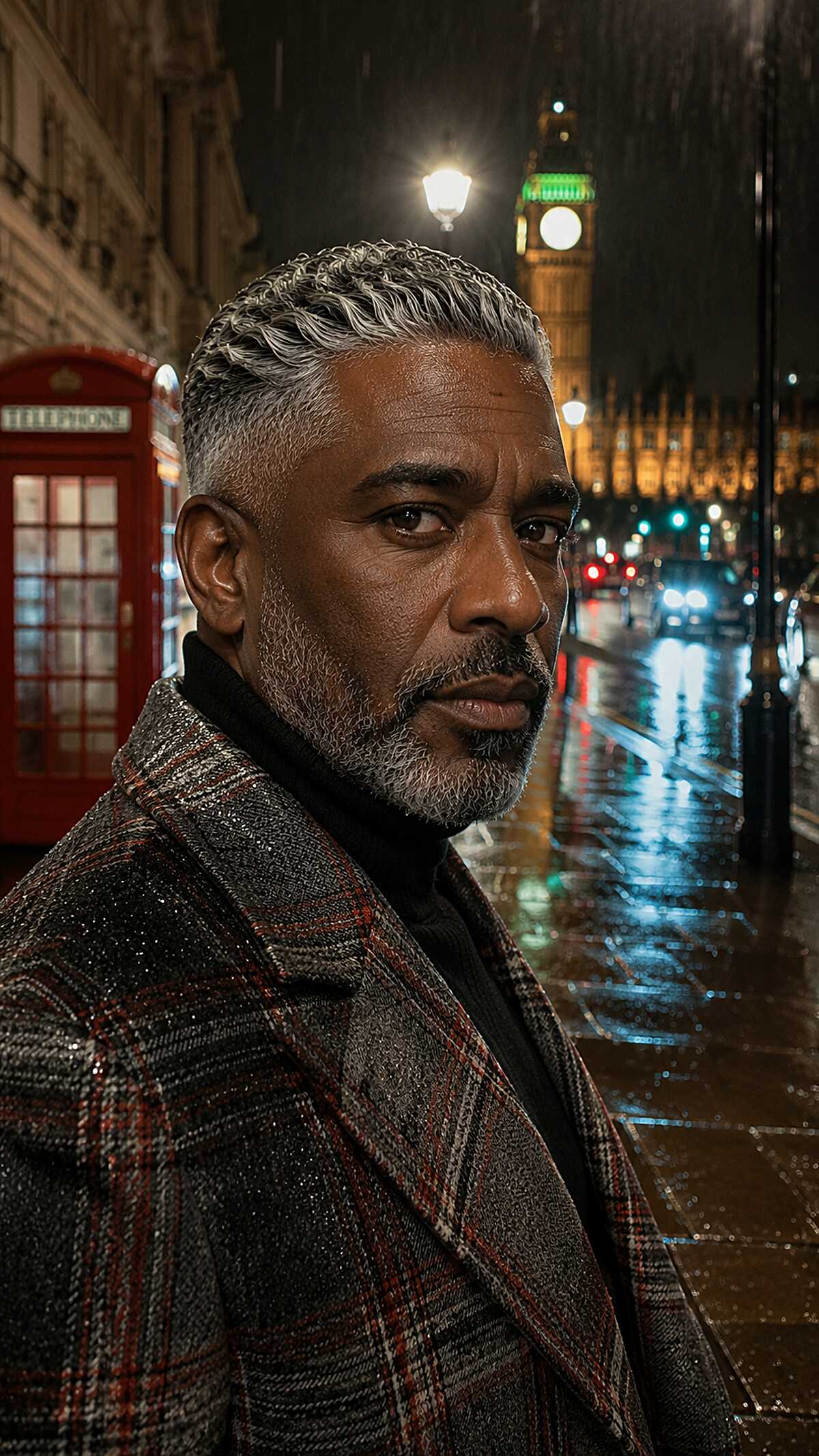 Short grey wavy hair with defined hairline and beard