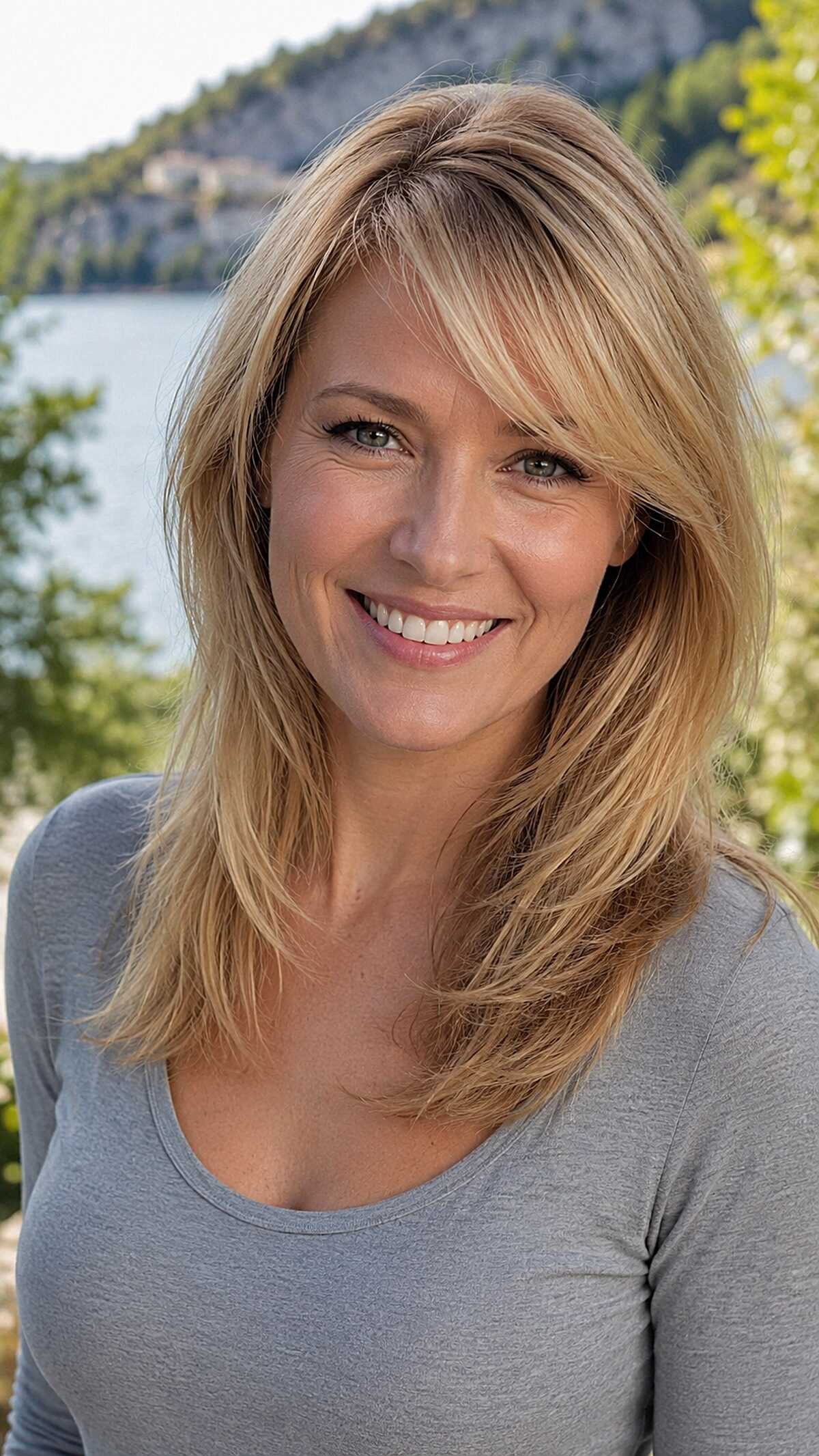 Honey Blonde Medium Layers with Long Sweeping Fringe