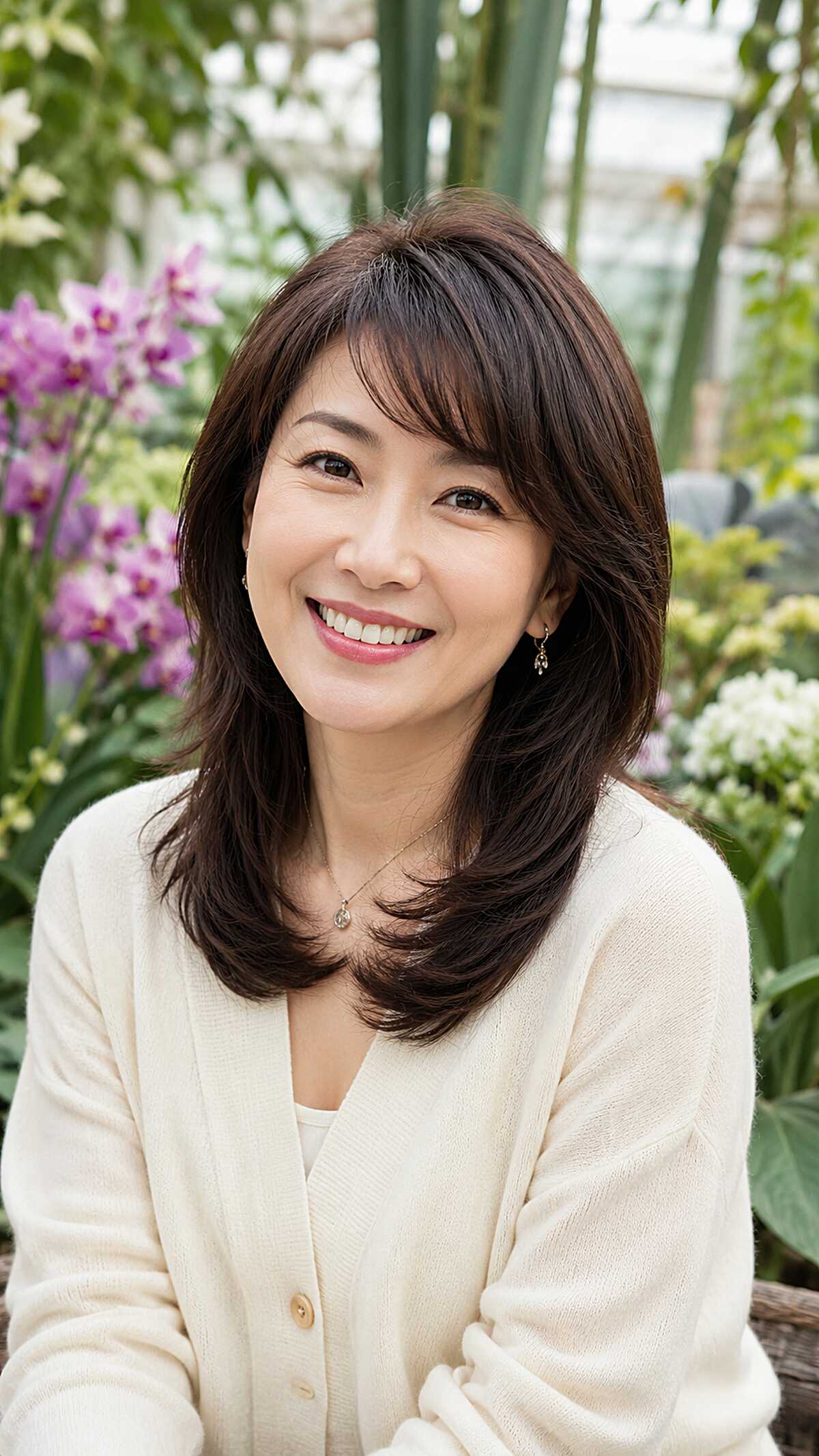 Layered Dark Hair with Feathered Side-Part Bangs