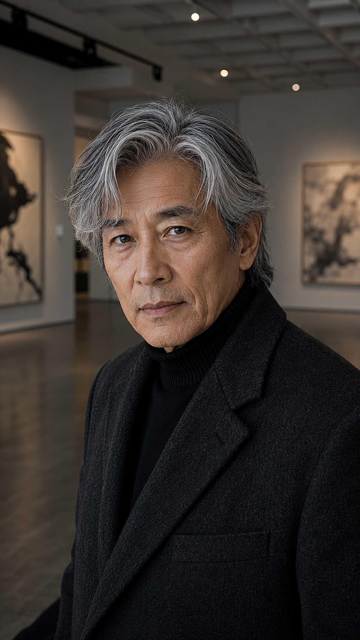 Long layered grey hair with side-swept flow
