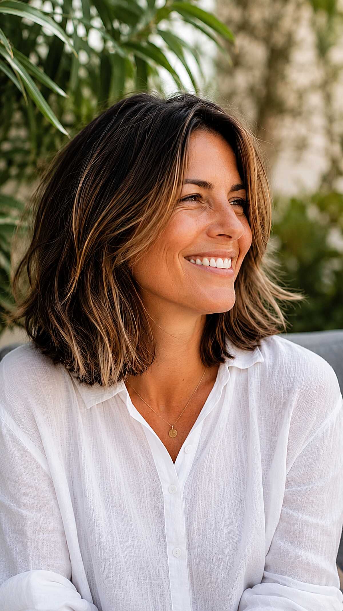 Brunette lob with caramel balayage and soft waves