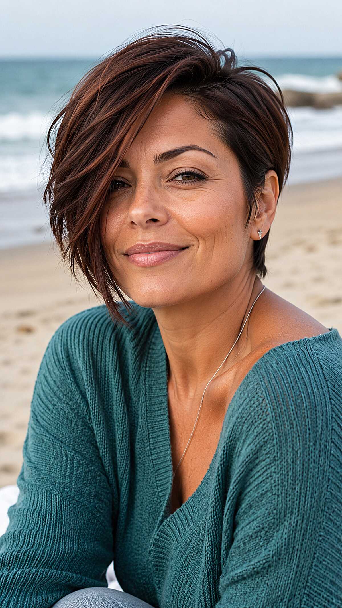 Chestnut brown pixie with long swept fringe at beach