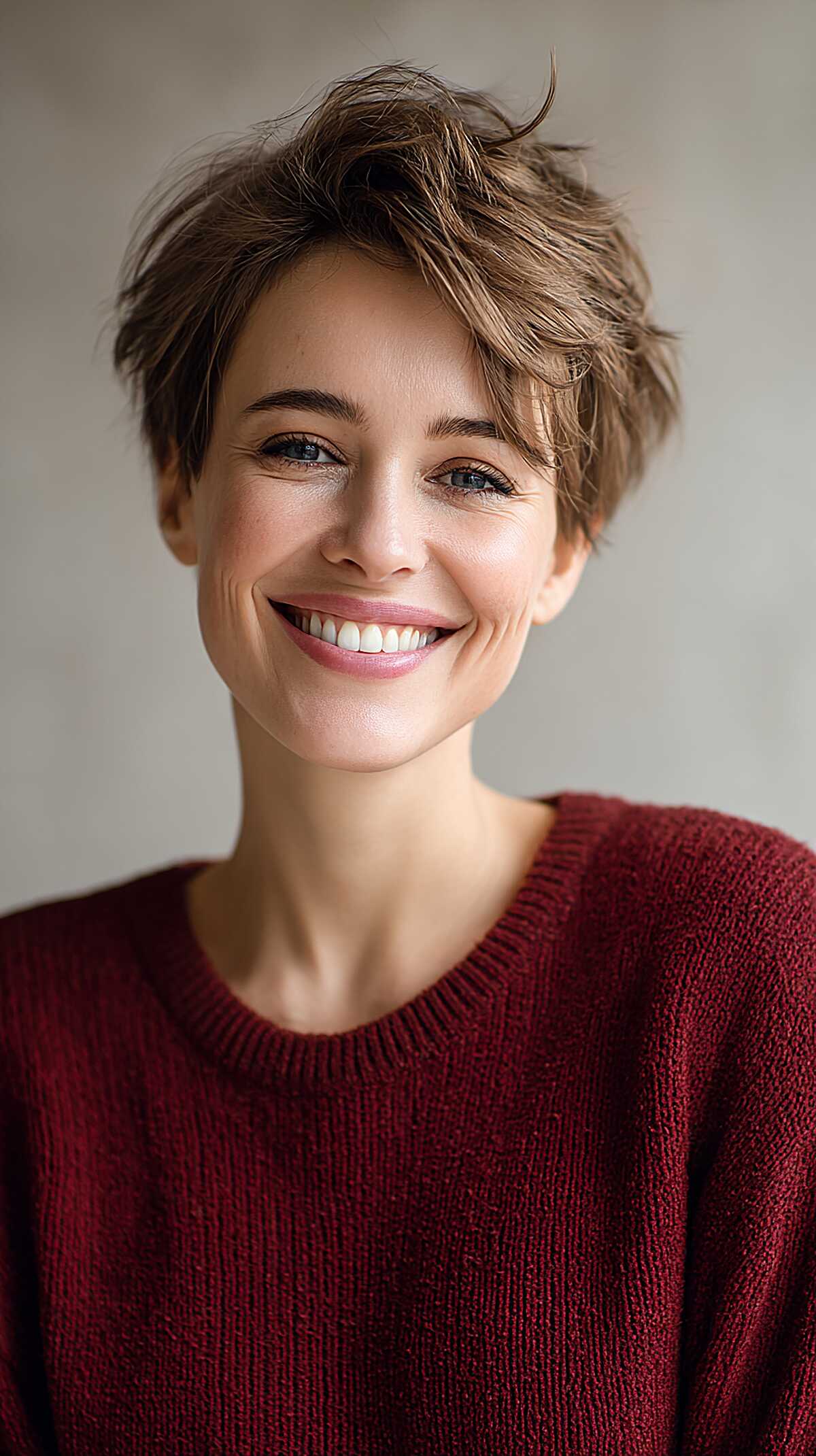Feathered light brown pixie with airy textured layers