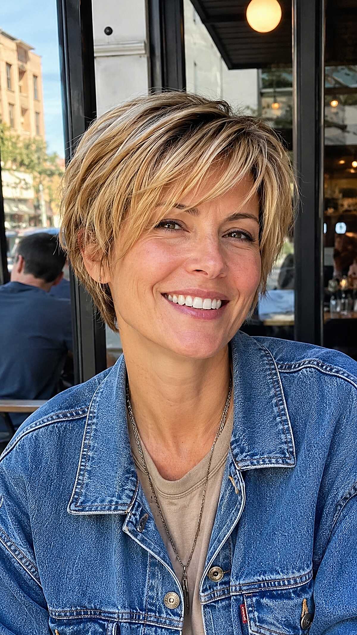 Short shag with honey blonde streaks and choppy layers