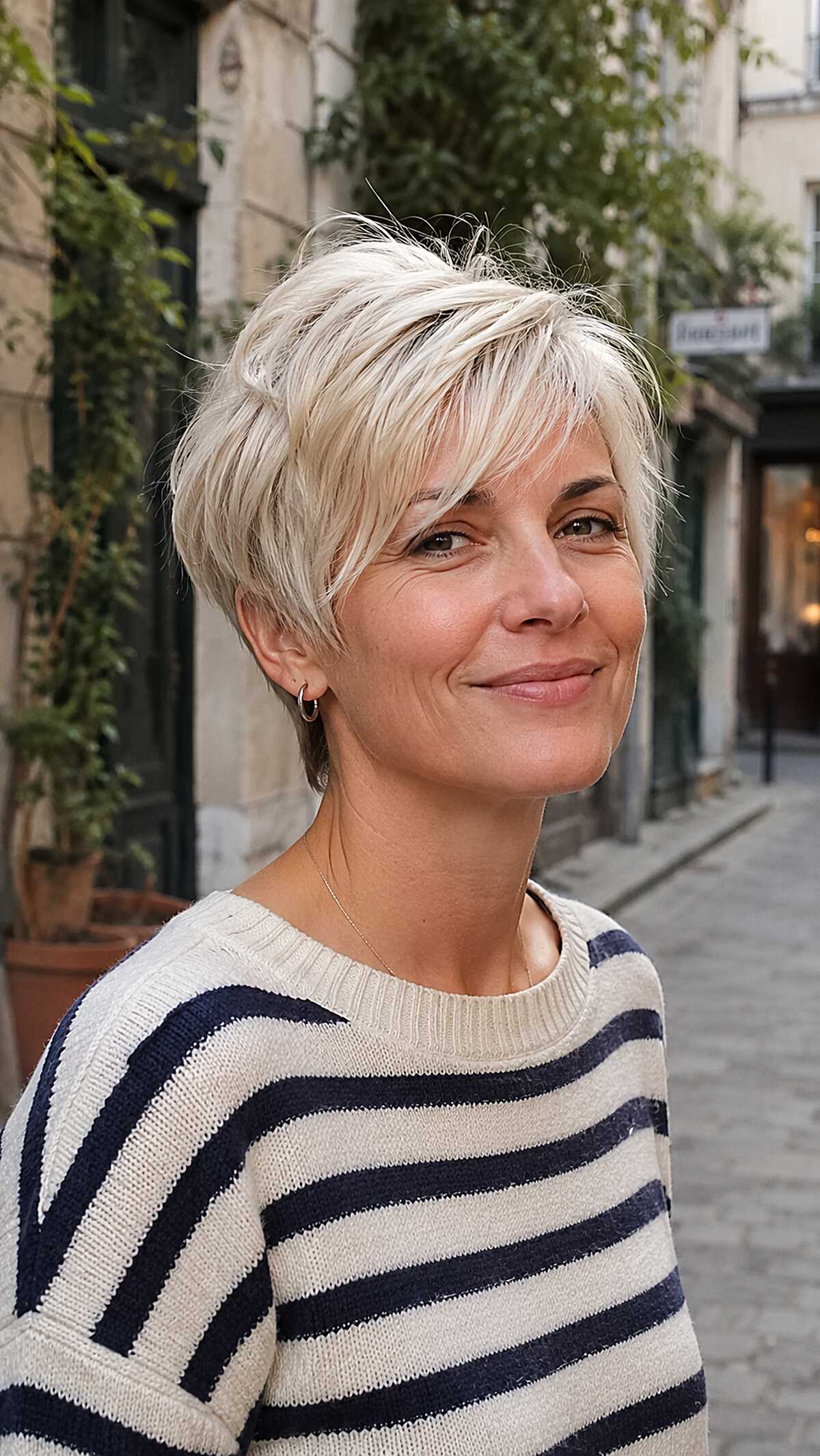 Icy platinum blonde tapered pixie with side-swept top