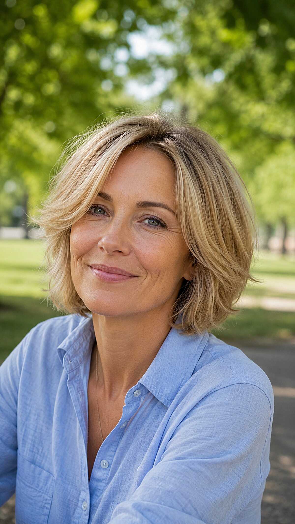 Layered dirty blonde bob with soft side-swept bangs