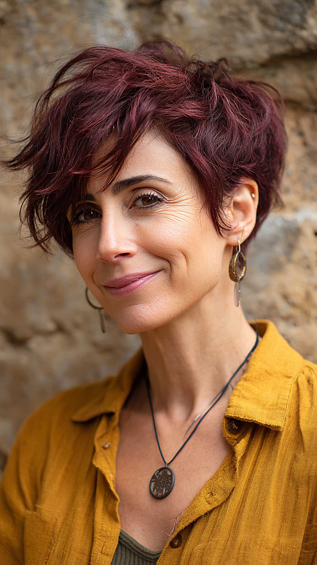 Merlot purple textured pixie with wispy layered fringe