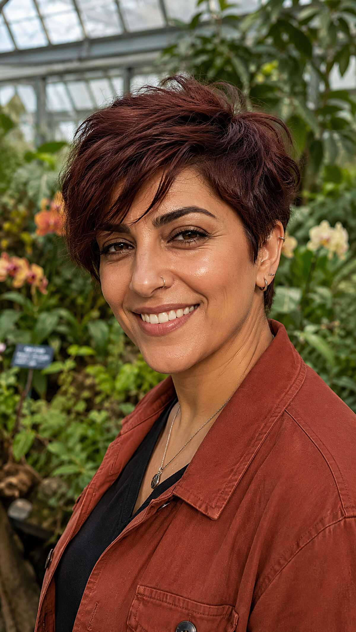 Plum-toned textured pixie with tousled top layers