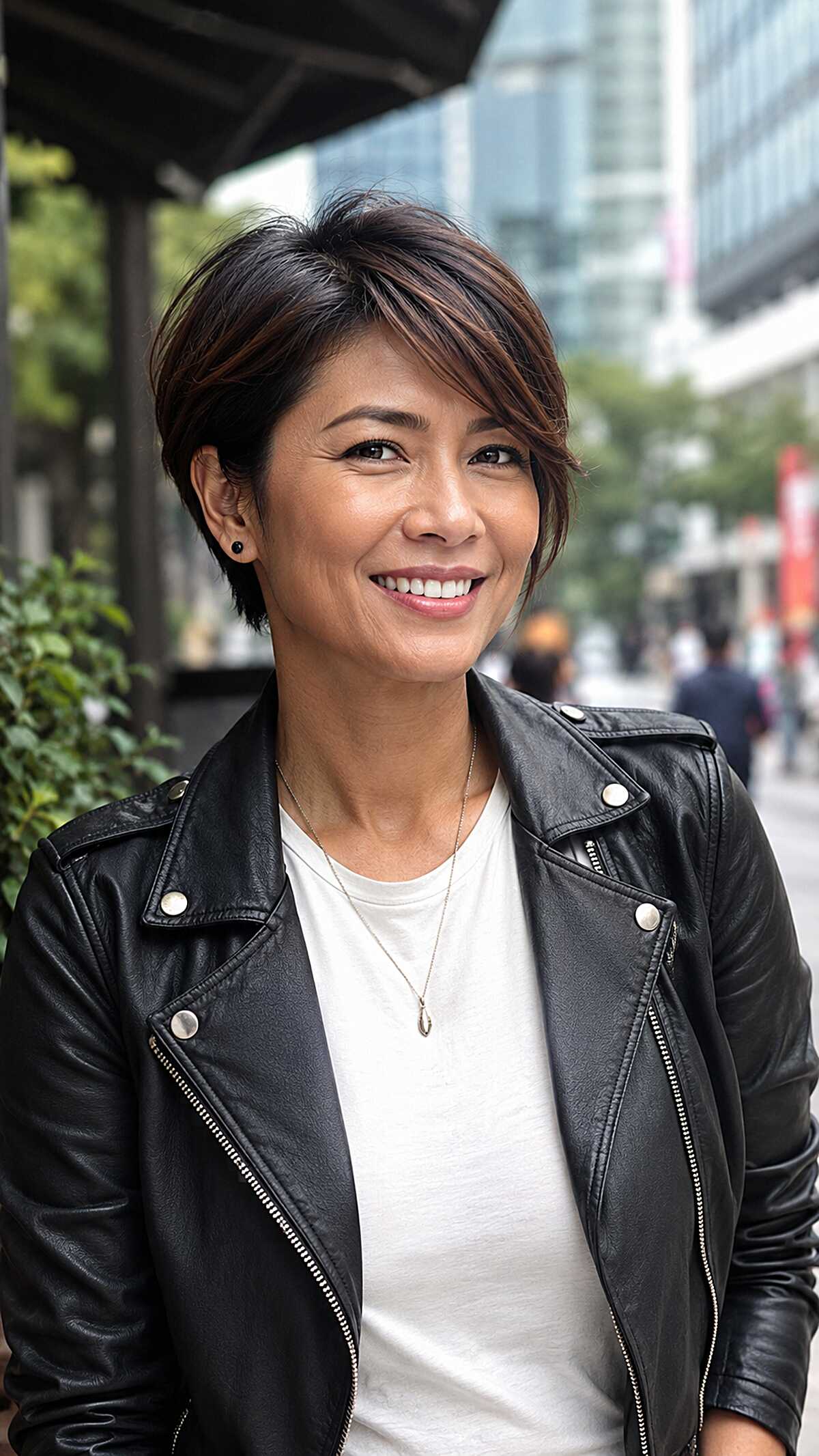 Sleek dark brunette side-swept pixie crop