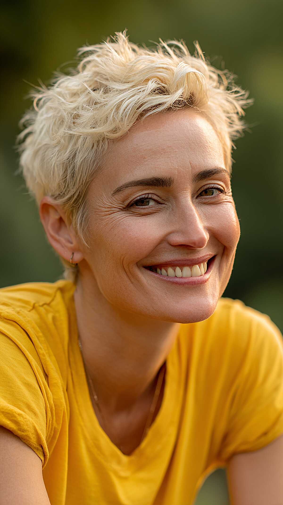 Tousled bleach blonde short crop with natural texture