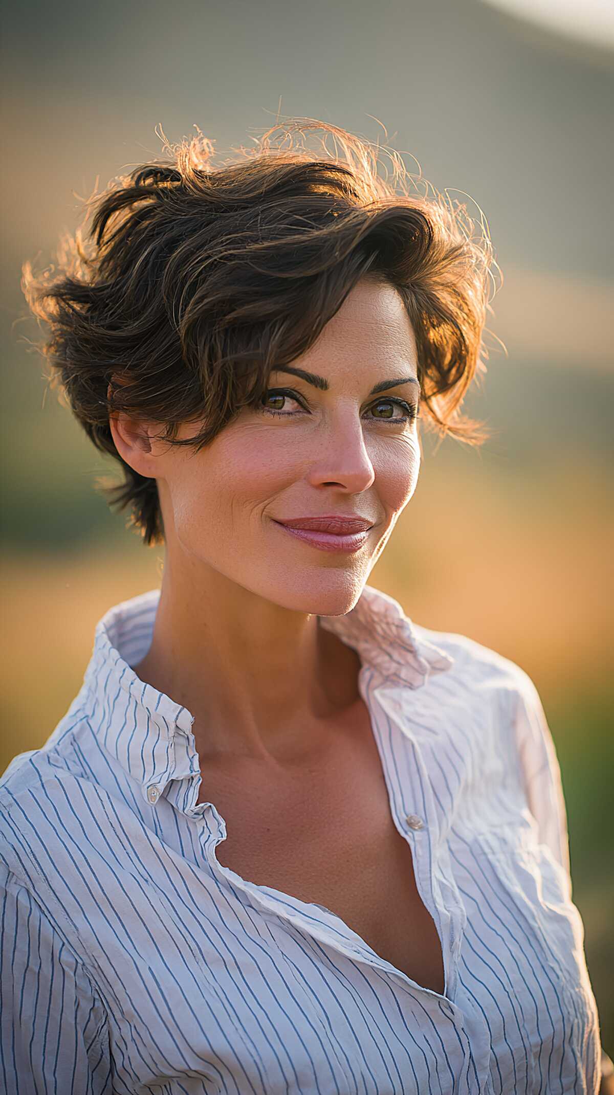 Tousled dark brunette pixie with romantic wavy volume