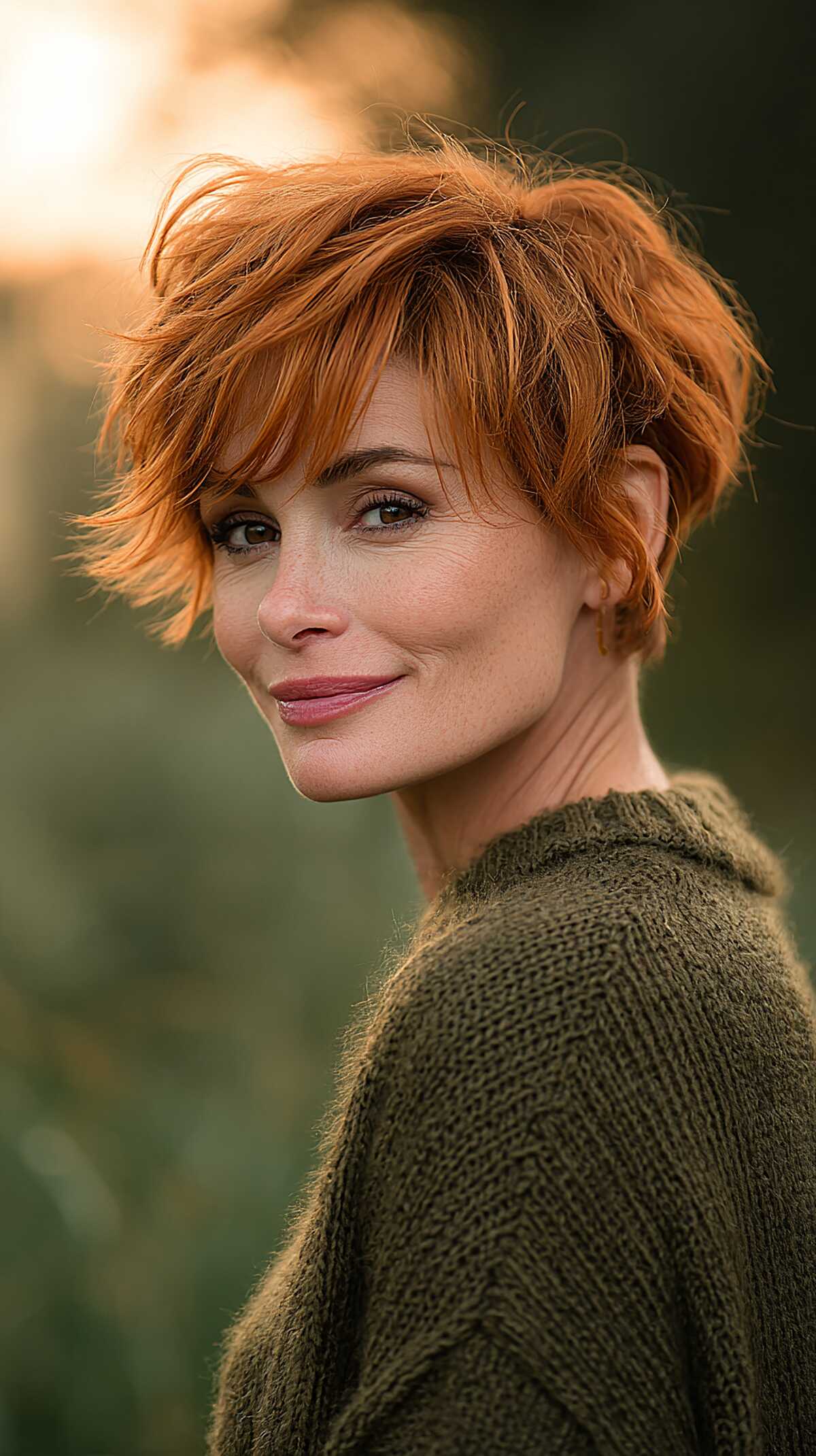 Tousled copper pixie with feathered bangs and warm tone