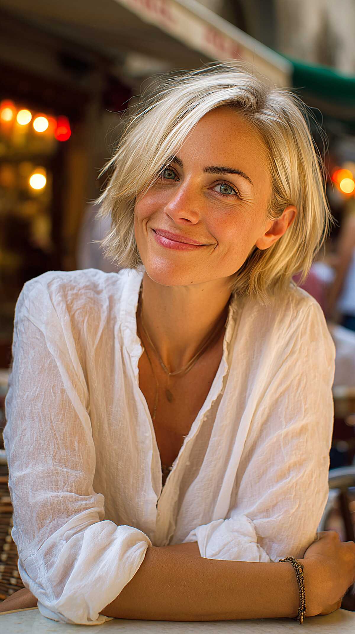 Platinum blonde chin-length bob with soft texture