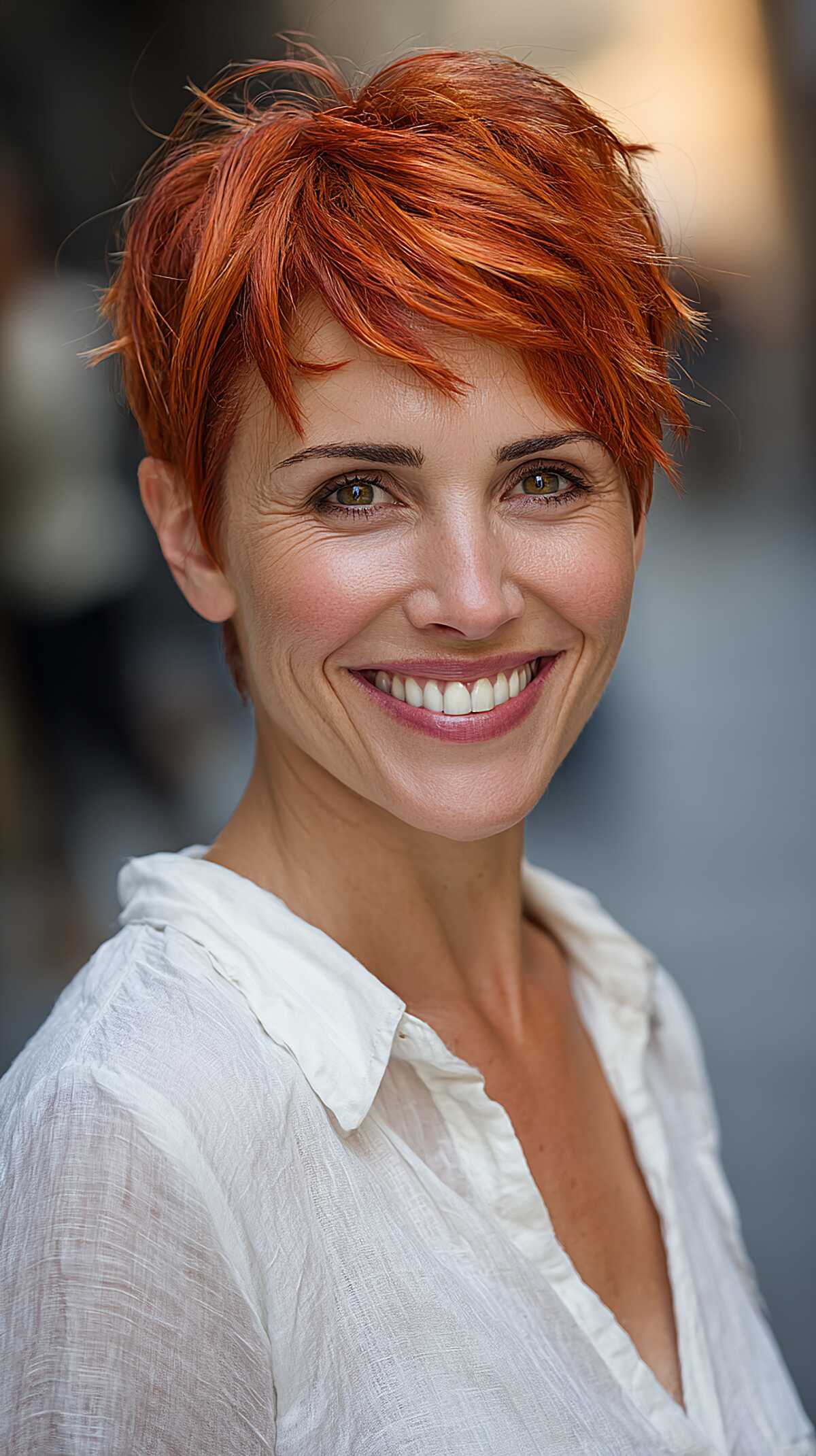 Vivid copper red pixie with razor-cut textured layers