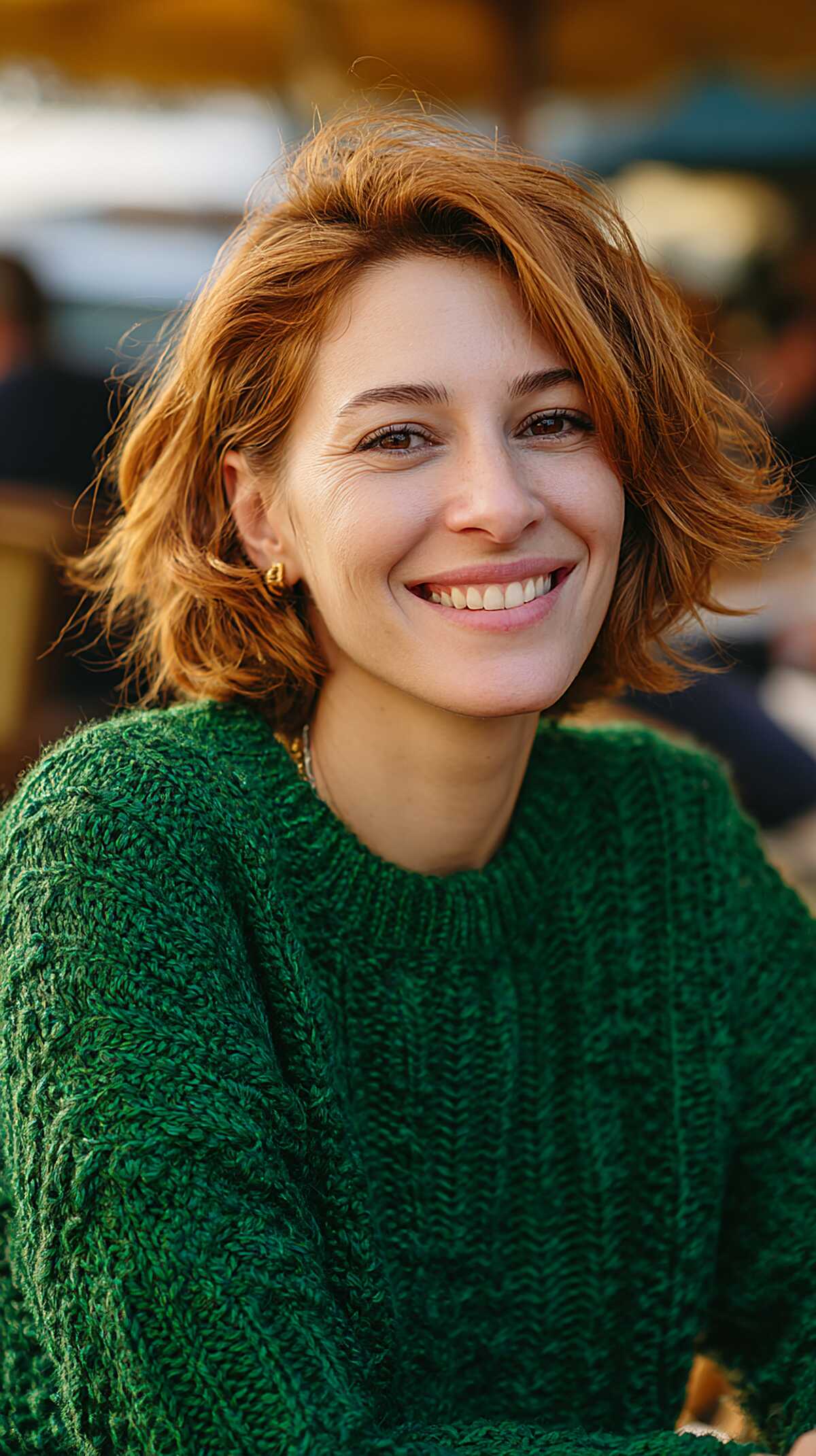 Warm copper wavy bob with chin-length tousled texture